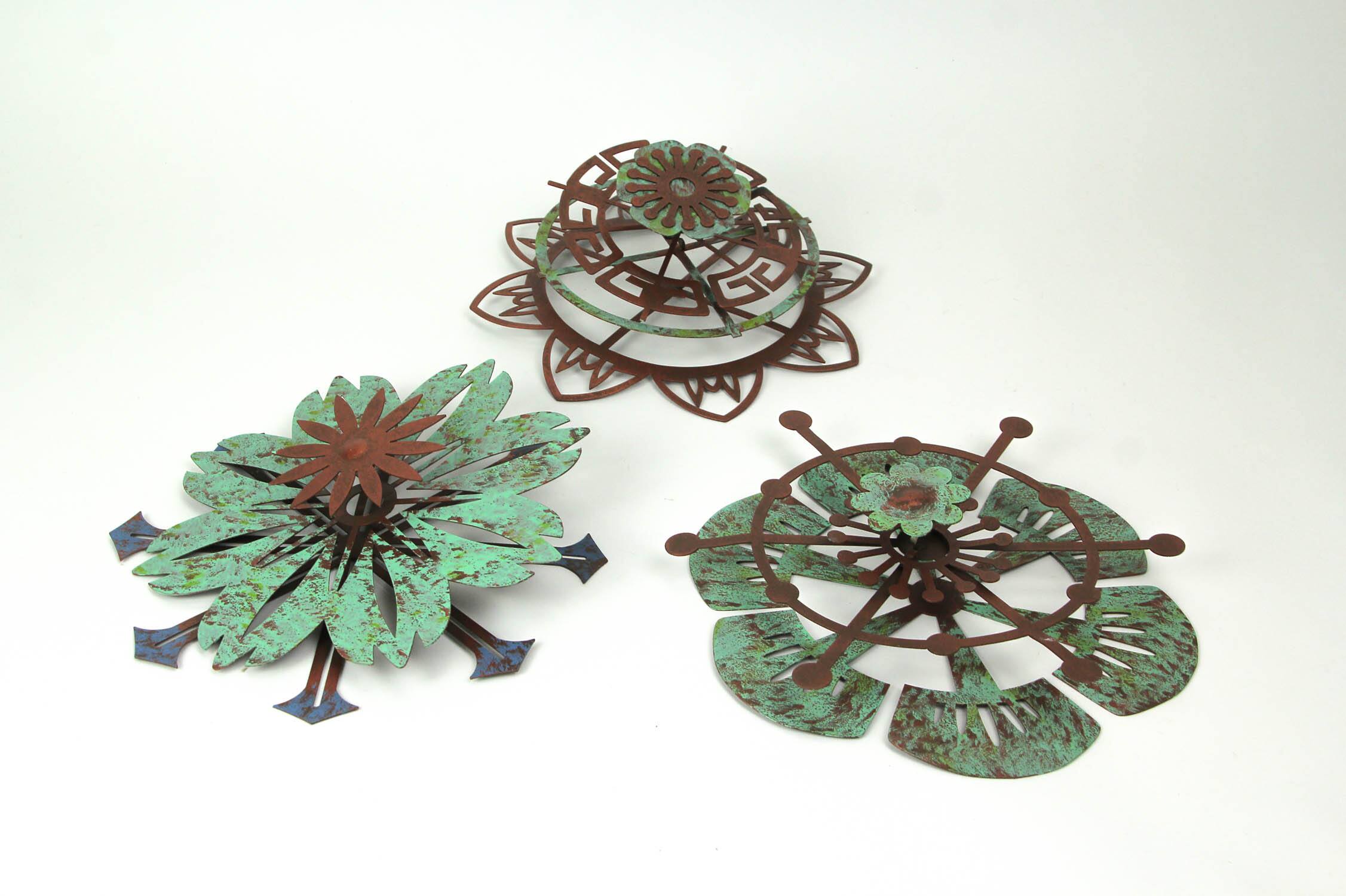 Alt View 2. Transpac - Set of 3 Metal Flower Wall Art Copper Verdigris Hanging Decor Floral Sculpture - Multicolored.