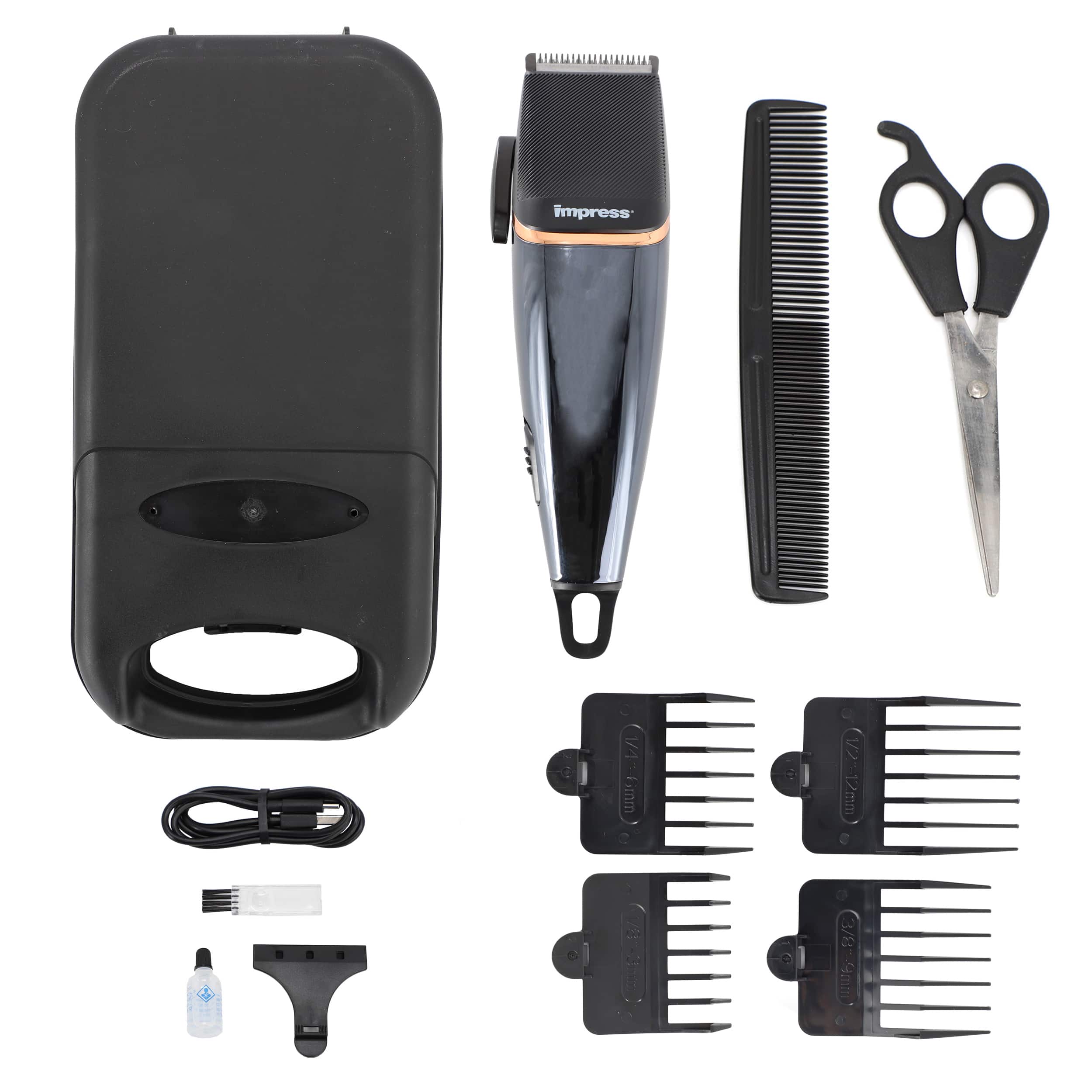 Impress - 12 Piece Cordless Rechargeable Hair Cutting Kit with Storage Case - Black