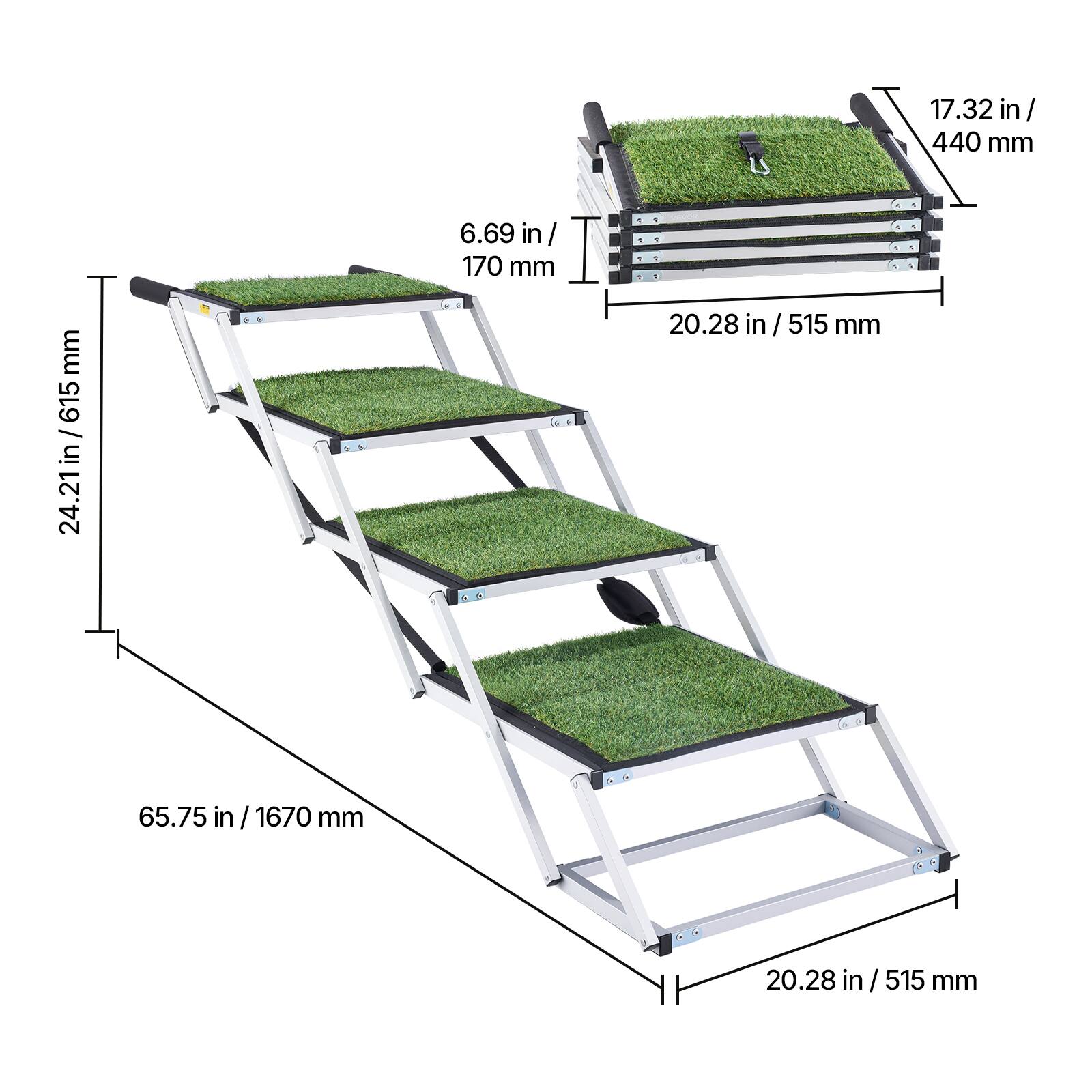 - 65.75 in / 1670 mm
- 24.21 in / 615 mm
- 20.28 in / 515 mm
- 17.32 in / 440 mm
- 6.69 in / 170 mm