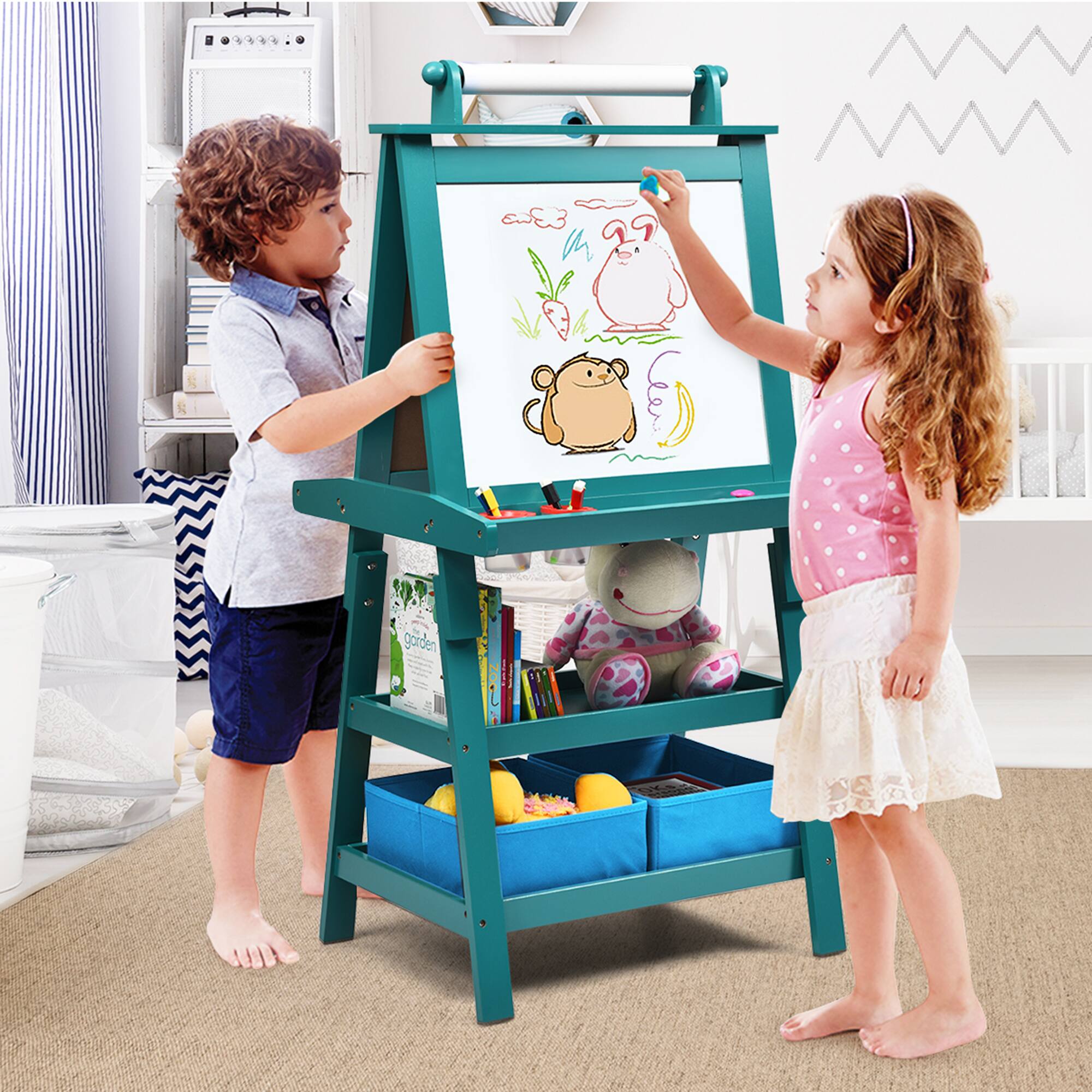 Alt View 3. Gymax - Gymax 3 in 1 Double-Sided Storage Art Easel w/Paint Cups for Kid Writing Teal Frosting - Teal Frosting.