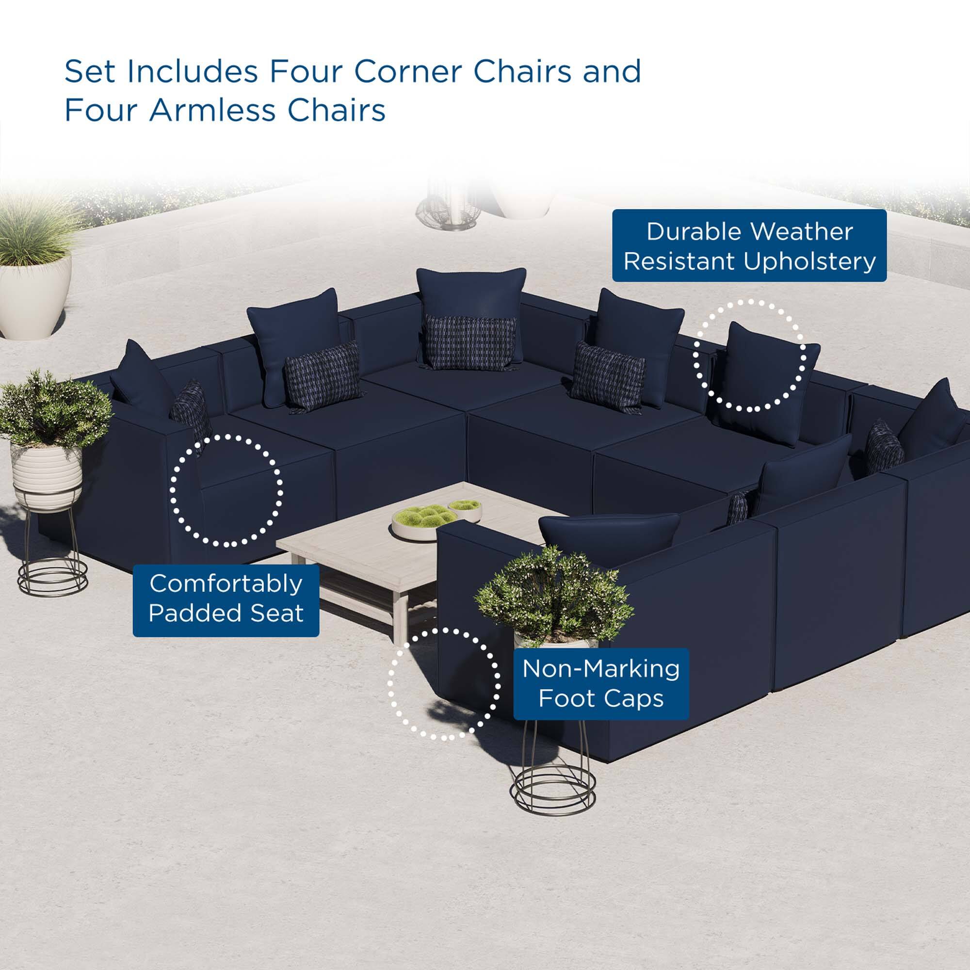 Set Includes Four Corner Chairs and Four Armless Chairs  
Durable Weather Resistant Upholstery  
Comfortably Padded Seat  
Non-Marking Foot Caps
