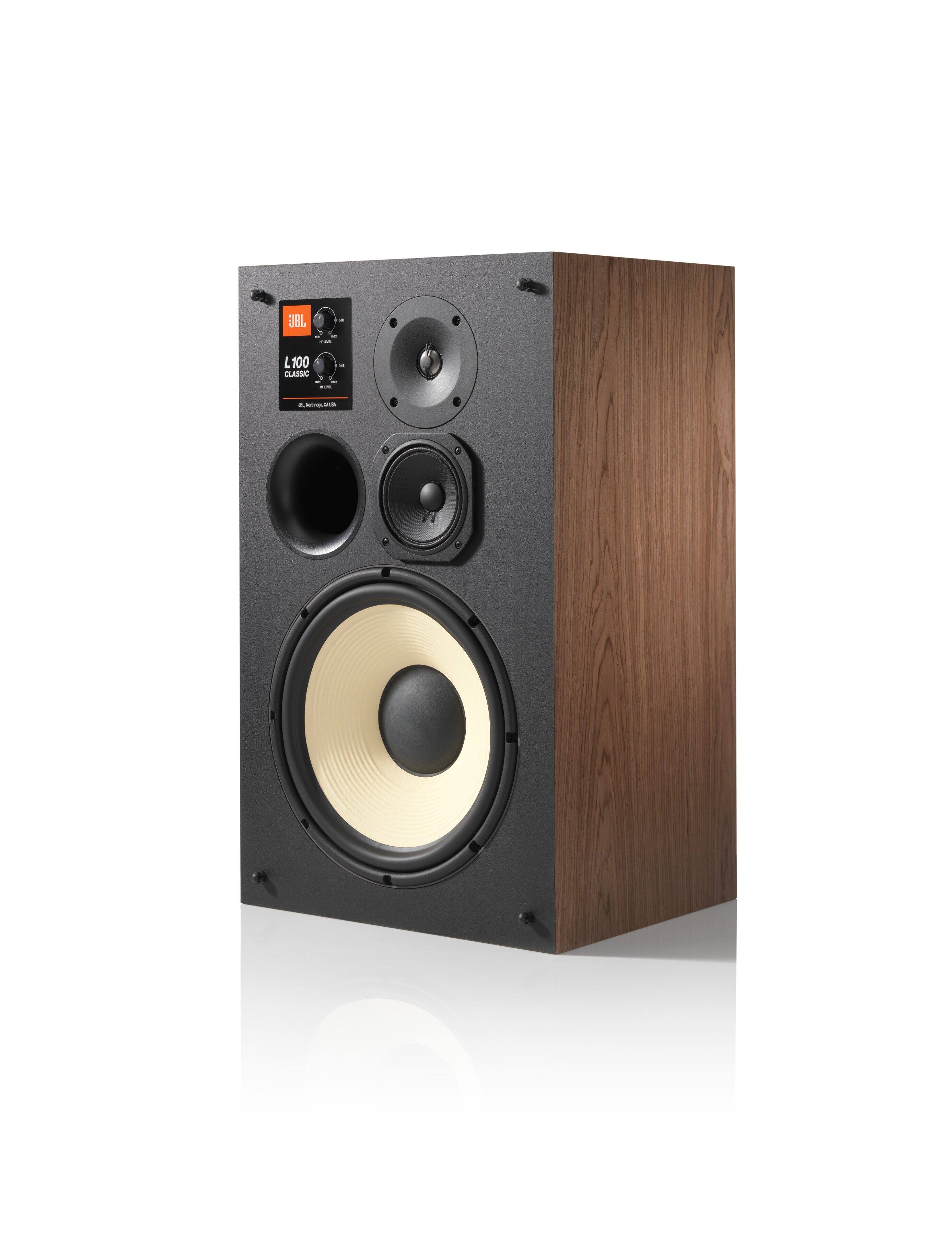 Front. JBL - 12" 3-Way Bookshelf Loudspeakers (Each) - Satin Walnut Wood Veneer With Black Grille.