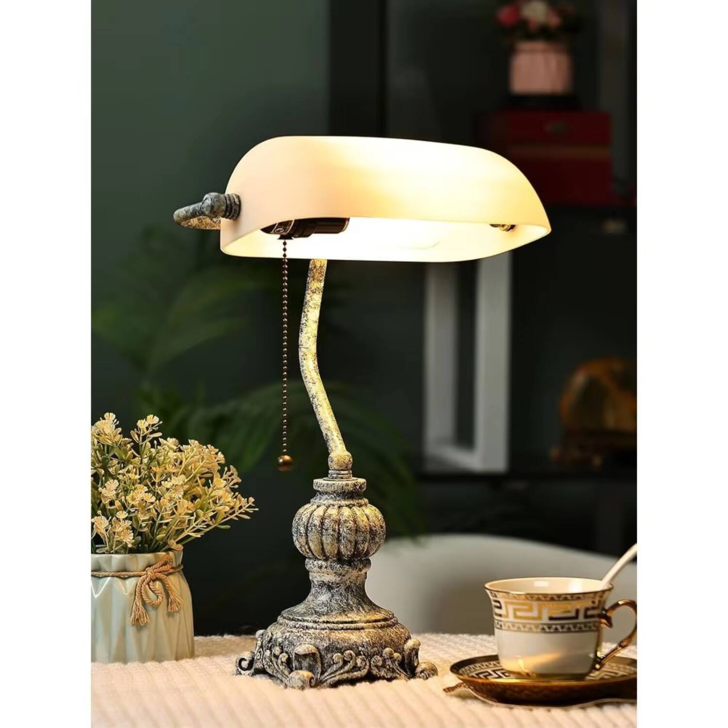 Left. Luckbyte - Retro Style White Glass Desk Lamp with Pull Chain Switch LED Bulb Included for Home Office - White.