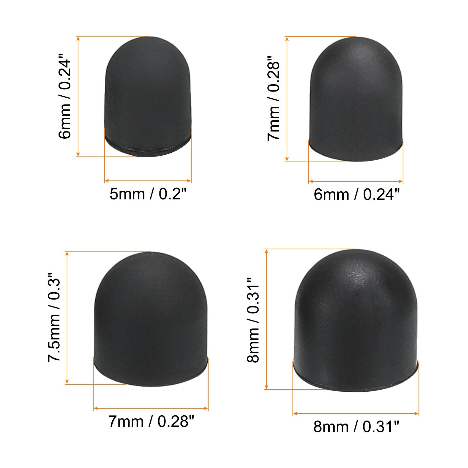 - 6mm / 0.24"  
  5mm / 0.2"

- 7mm / 0.28"  
  6mm / 0.24"

- 7.5mm / 0.3"  
  7mm / 0.28"

- 8mm / 0.31"  
  8mm / 0.31"