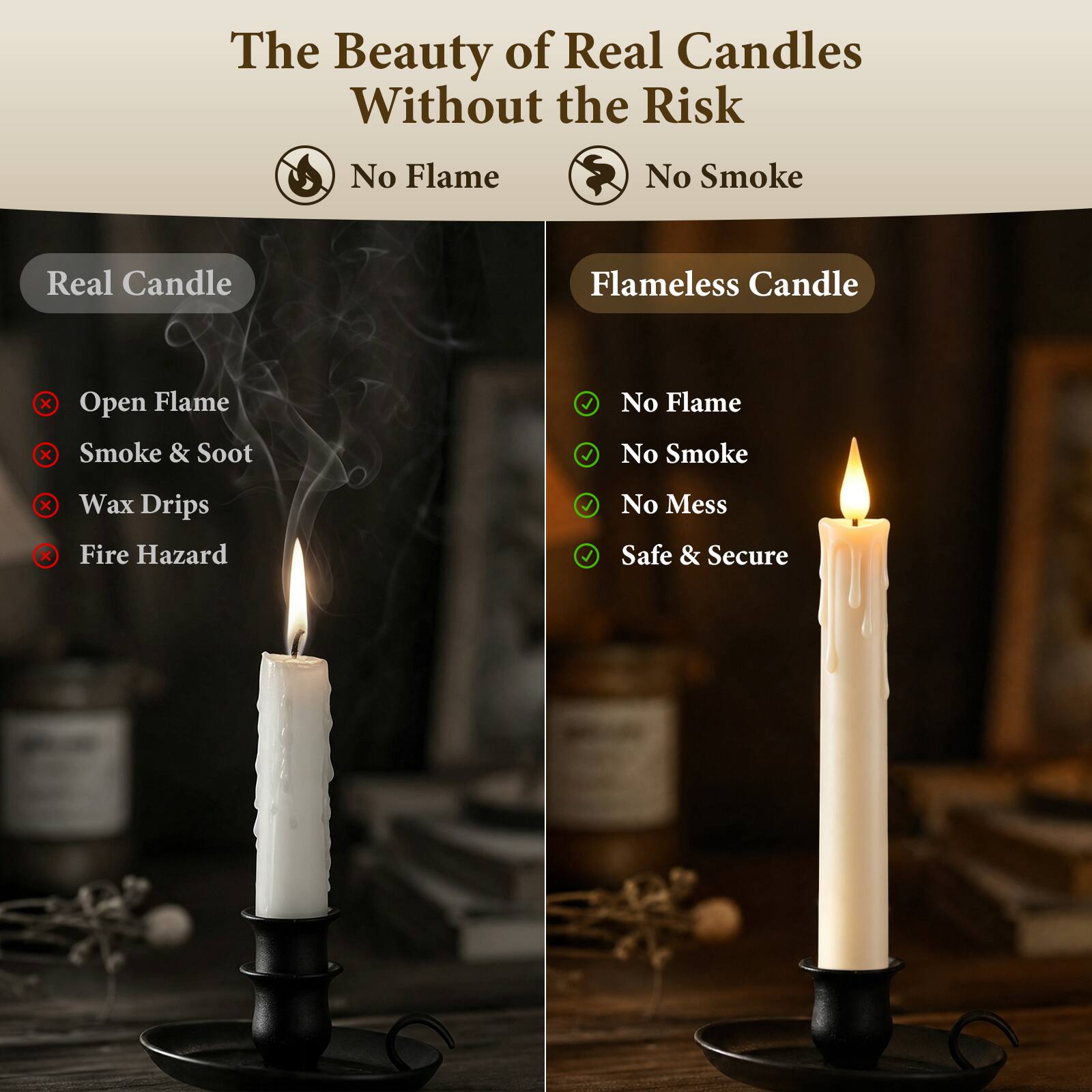 The Beauty of Real Candles Without the Risk

No Flame
No Smoke

Real Candle
- Open Flame
- Smoke & Soot
- Wax Drips
- Fire Hazard

Flameless Candle
- No Flame
- No Smoke
- No Mess
- Safe & Secure