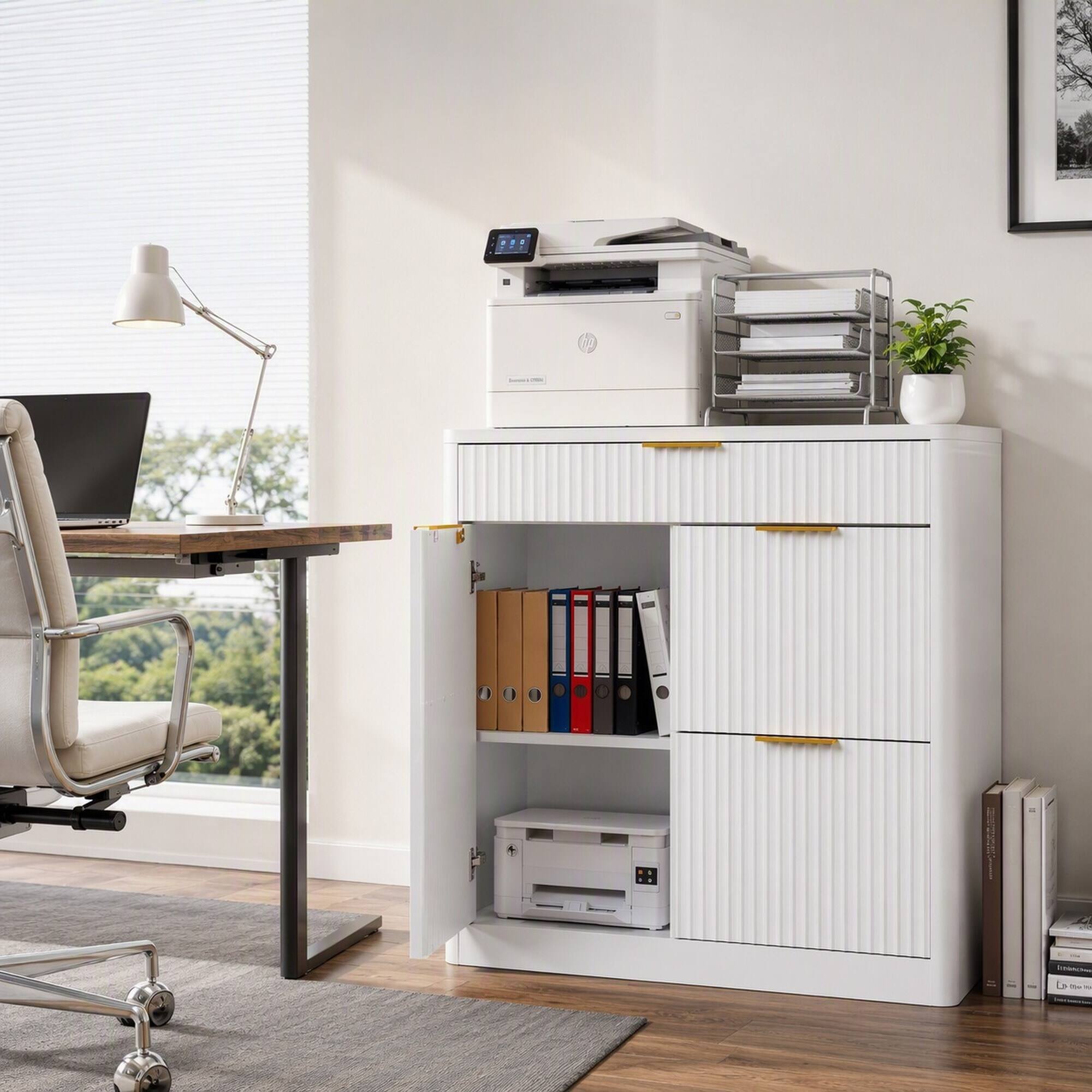 Left. RYHNUYNE - Freestanding File Cabinet with Charging Station, Large Drawers & Cabinet Doors, Particle Board Office Storage Cabinet.
