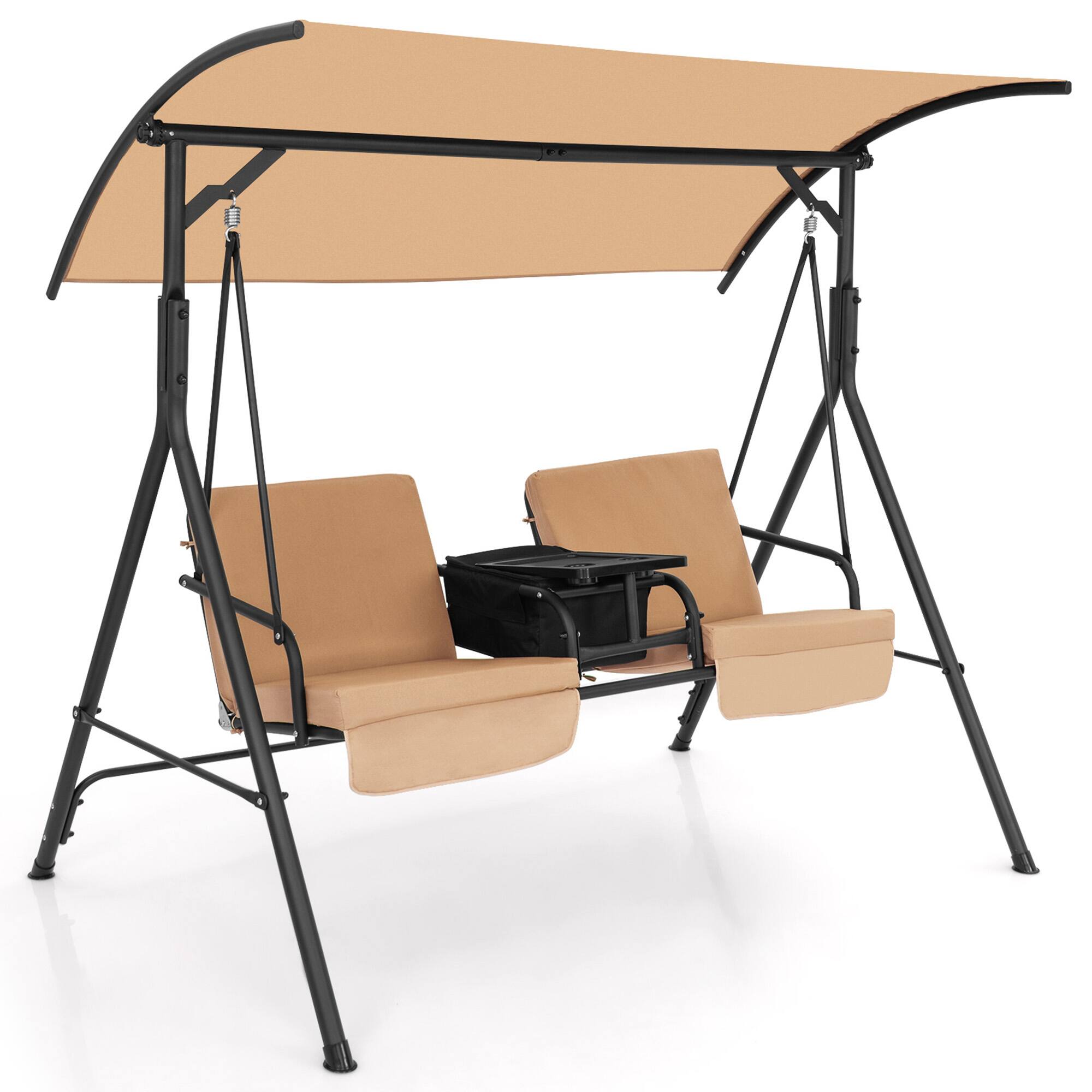Alt View 1. Gymax - Gymax 2-Person Canopy Porch Swing Padded Chair Cooler Bag Rotatable Tray Beige - Beige.