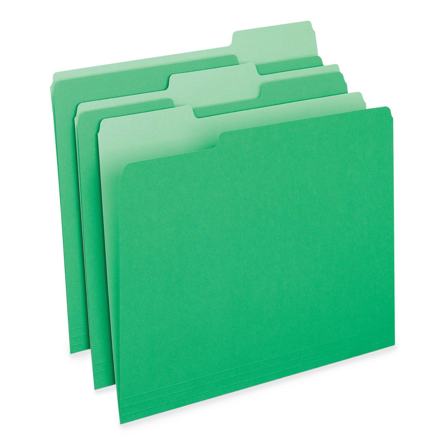 Angle. Universal - Deluxe Colored Top Tab File Folders, 1/3-Cut Tabs: Assorted, Letter Size, Green/Light Green, 100/Box.