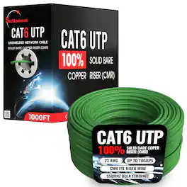Cables Direct Online - Cat6 23AWG 1000FT Solid Bare Copper CMR ETL Riser Rated Cable, 550MHz Bulk Ethernet Wire with PoE Support - Green