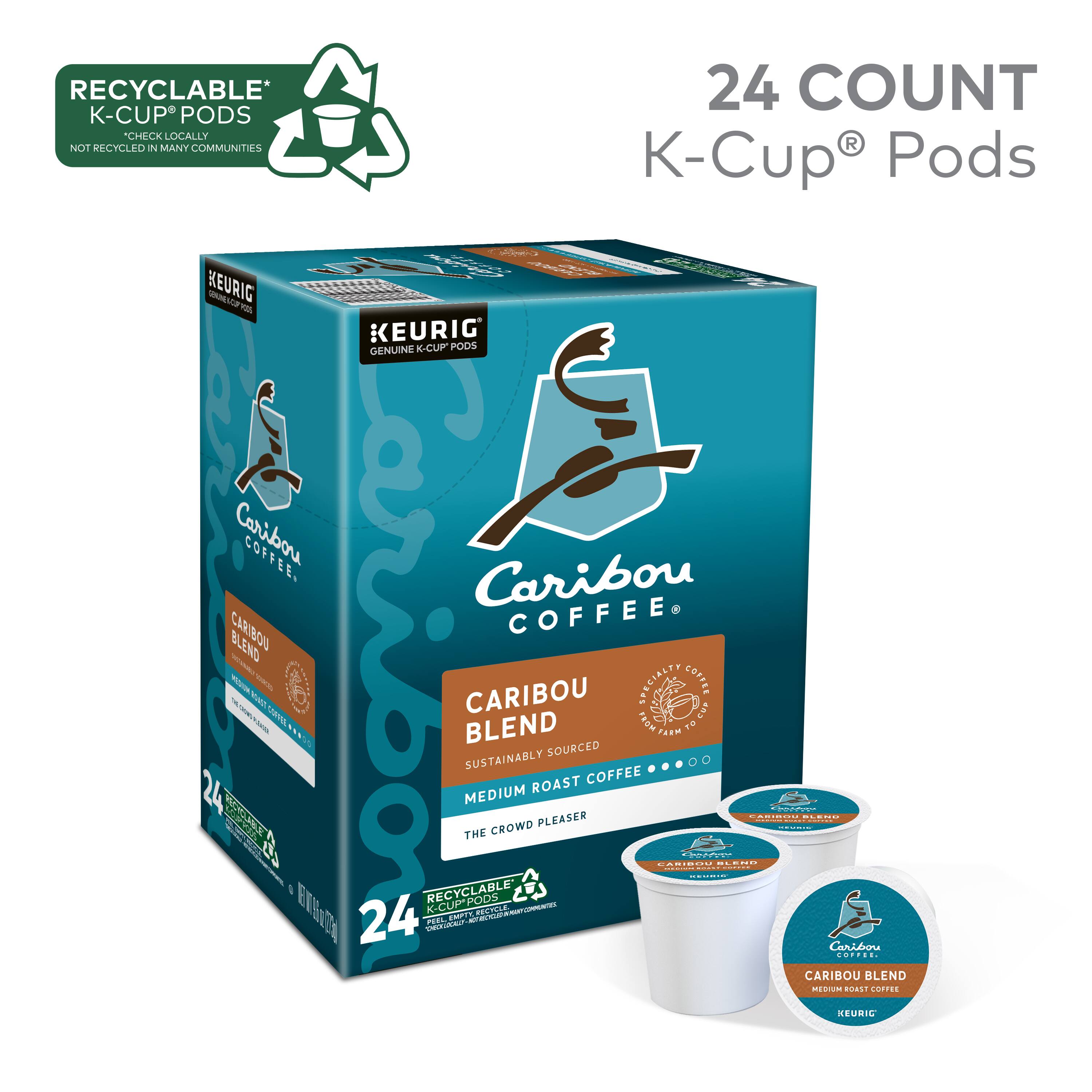 RECYCLABLE* K-CUP PODS CHECK LOCALLY NOT RECYCLEO N MANY COMMUNITIES 24 COUNT R K-Cup Pods KEURIG U  PAL KEURIG GENUINE K-CUP PODS Caribou COFFEE Caribou CARIBOU COFFEE BLEND NOR m T CARIBOU SPECIALTY COFPEE NN RPL suP - 1 BLEND Fom Pm .% FaRM 10 SOURCED SUSTAINABLY ROAST COFFEE 24 RECYCLABLE K-CUP PODS -- TE 24 NEL  -  Caribou ... CARIBOU BLEND MEDIUM ROAST COFFEE