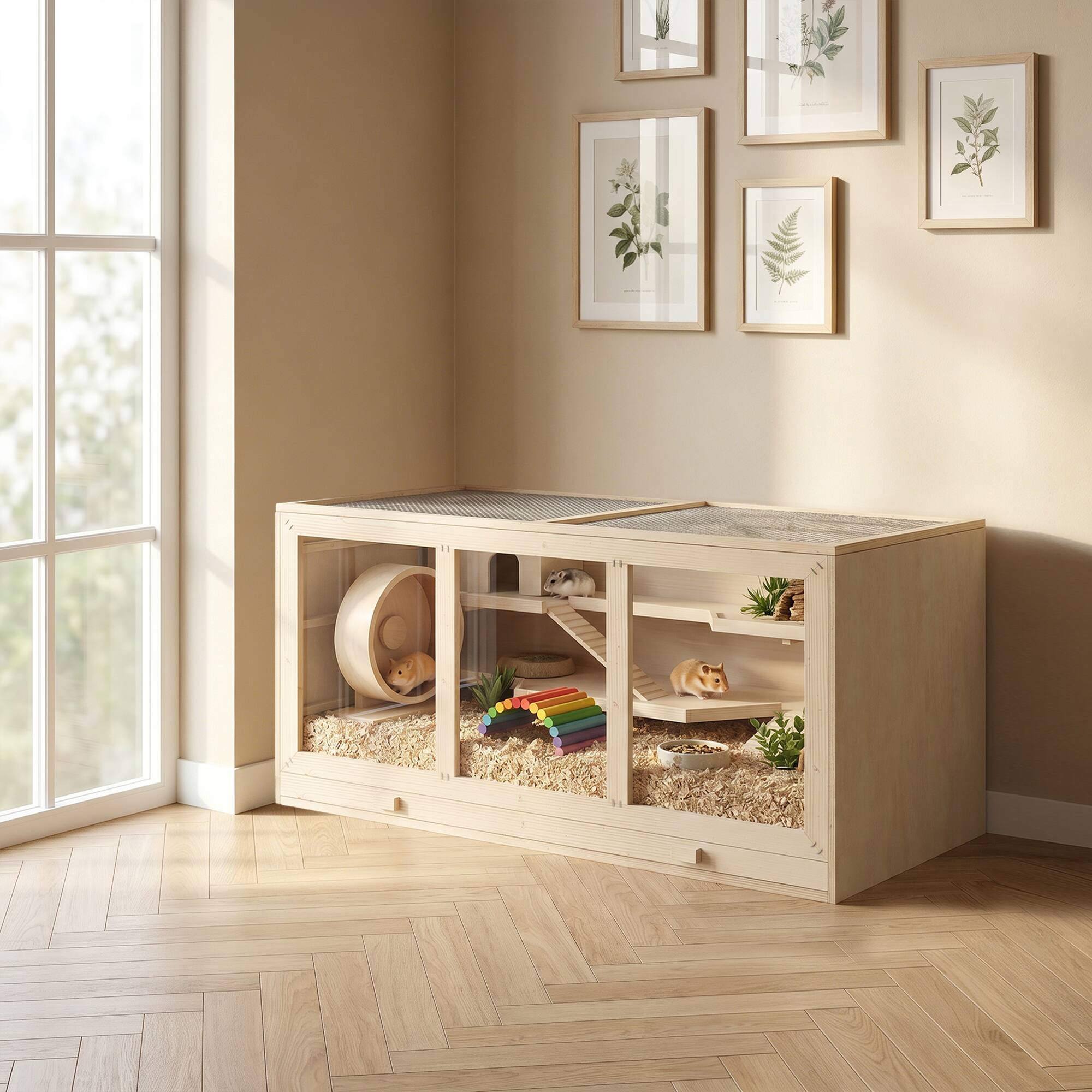 Alt View 1. Pawhut - Extra Large Wooden Hamster Cage, 3-Layer Rat Cage with Opening Roof, PVC Window, Small Animal Habitat for Gerbil.
