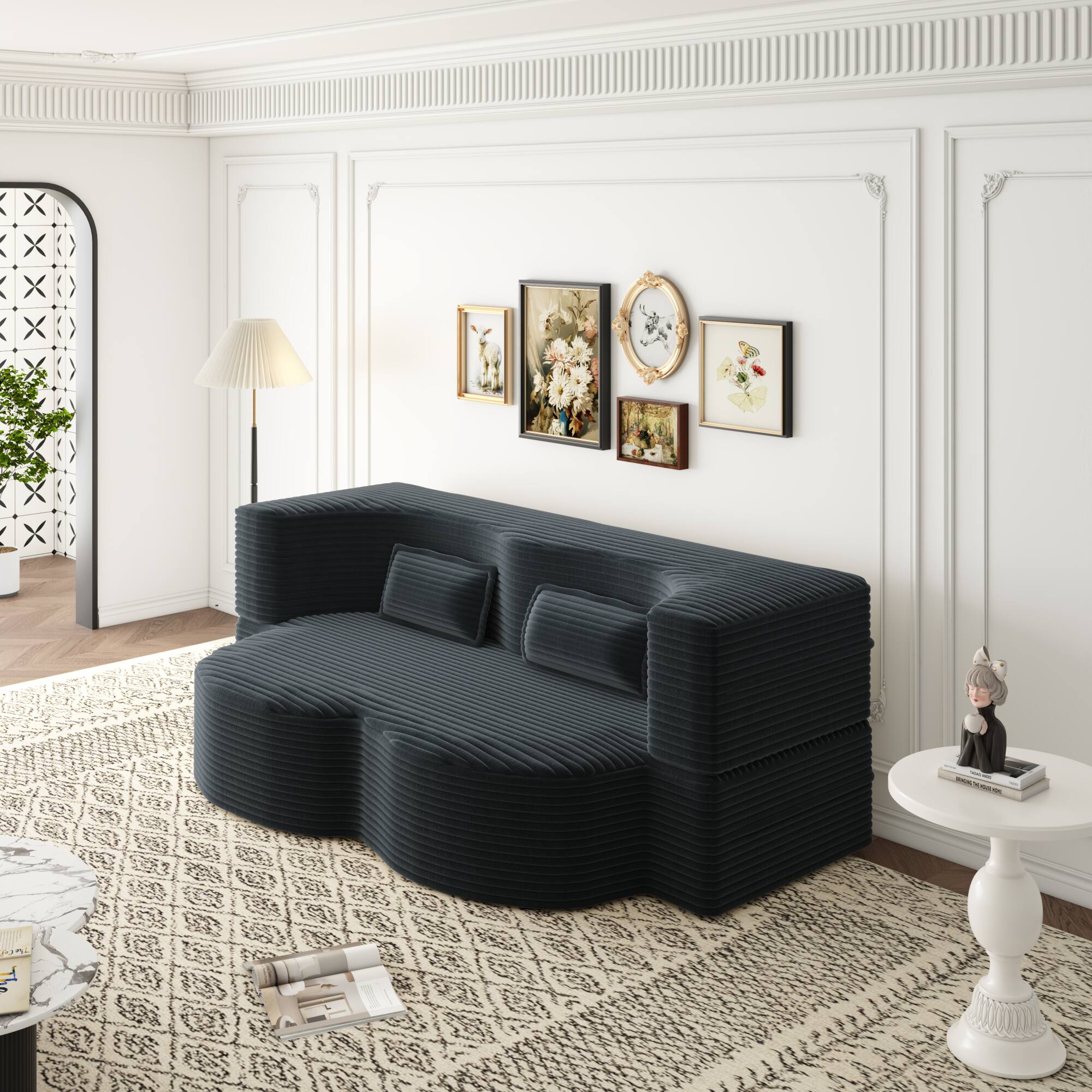 Back. GOODSILO - Convertible Plush Corduroy Floor Sleeper Sofa with Dual Pillows for Living Room and Guest Use - Dark Grey.