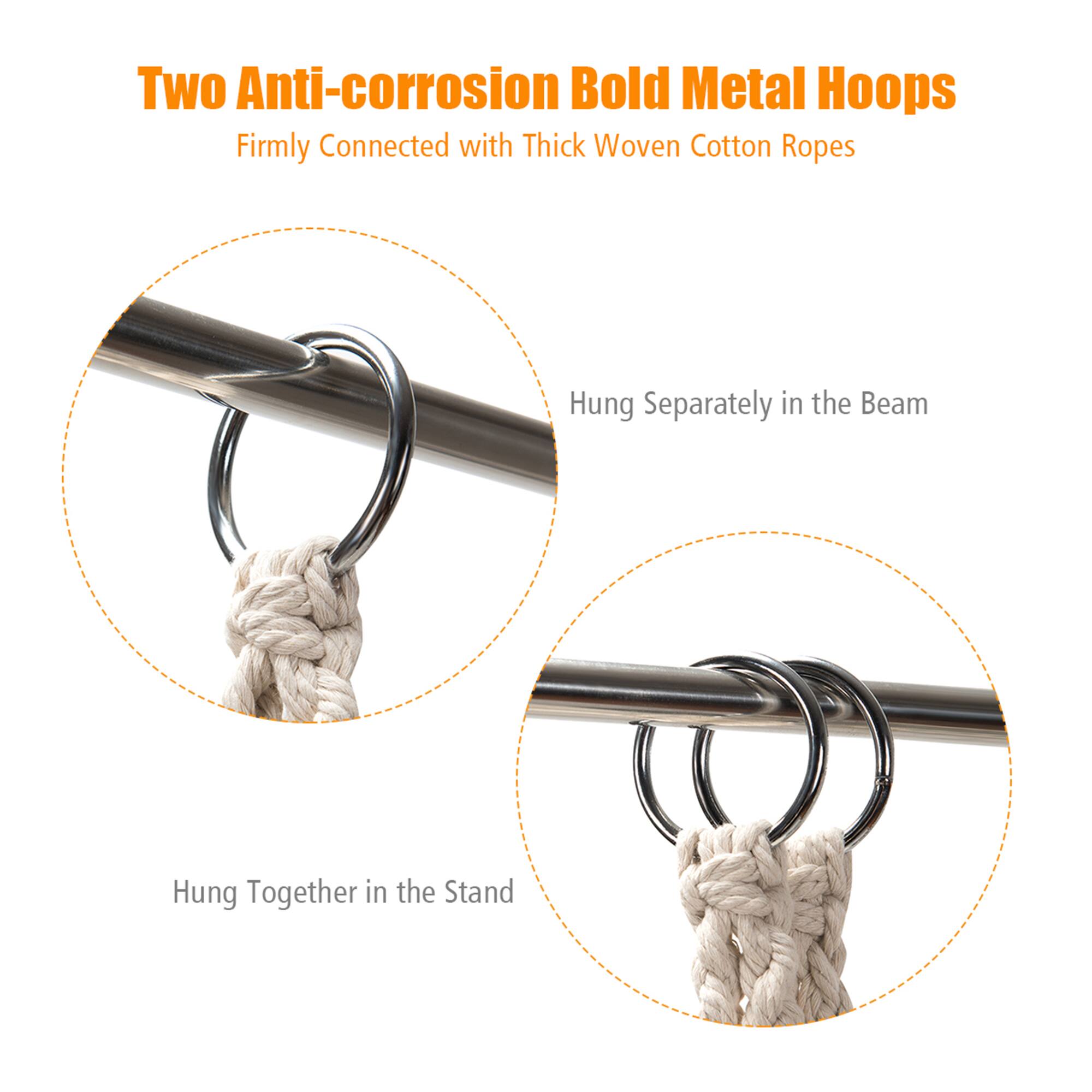 Two Anti-corrosion Bold Metal Hoops  
Firmly Connected with Thick Woven Cotton Ropes  
Hung Separately in the Beam  
Hung Together in the Stand