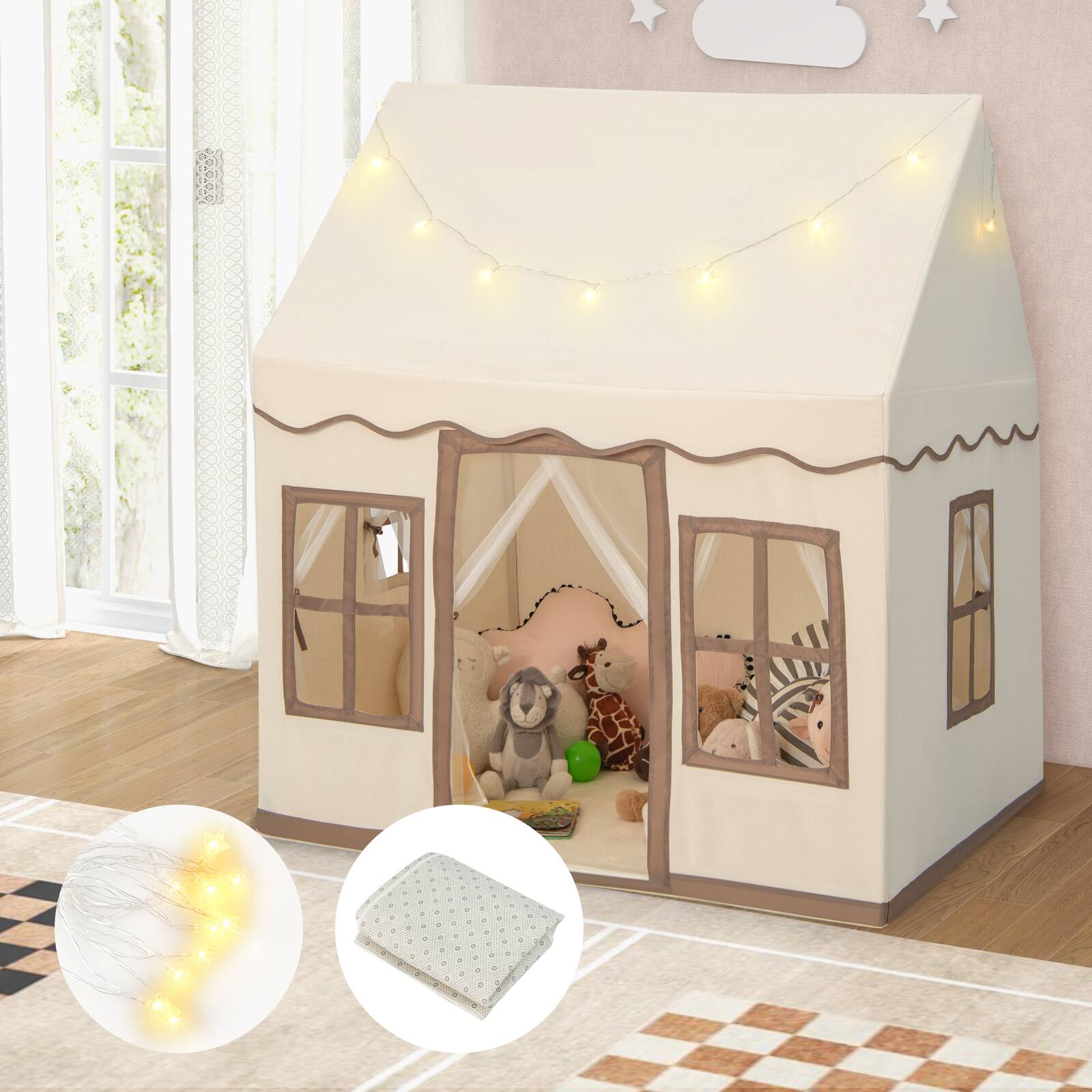 Alt View 9. Costway - Costway Kids Play Castle Tent Large Playhouse Toys Gifts with Star Lights Washable Mat - Beige.