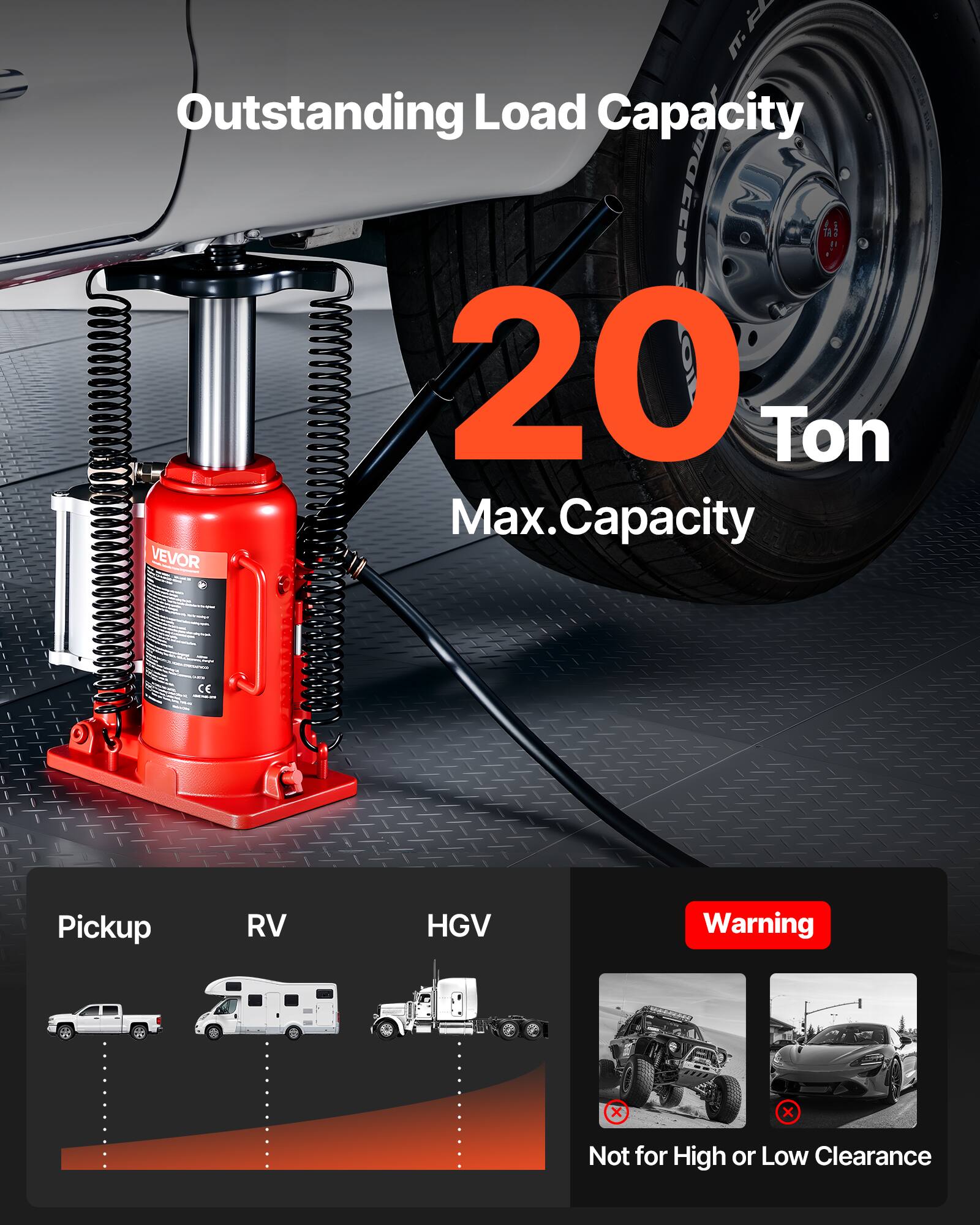 Outstanding Load Capacity  
20 Ton  
Max. Capacity  

VEVOR - CE  

Pickup RV HGV  

Warning  
Not for High or Low Clearance