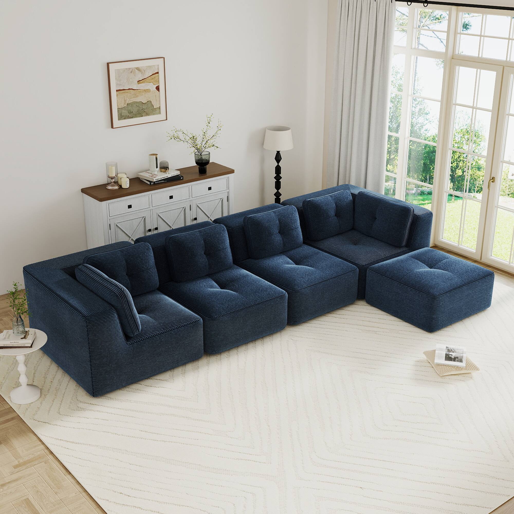 Front. LOVMOR - 4 Seater Modular Deep Seat Corduroy Sectional Couch Storage Ottoman No Assembly Compressed Pack Tufted For Den - Blue.