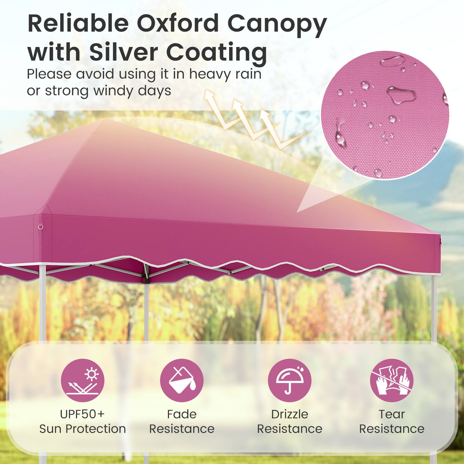 Reliable Oxford Canopy with Silver Coating

Please avoid using it in heavy rain or strong windy days

- UPF50+ Sun Protection
- Fade Resistance
- Drizzle Resistance
- Tear Resistance