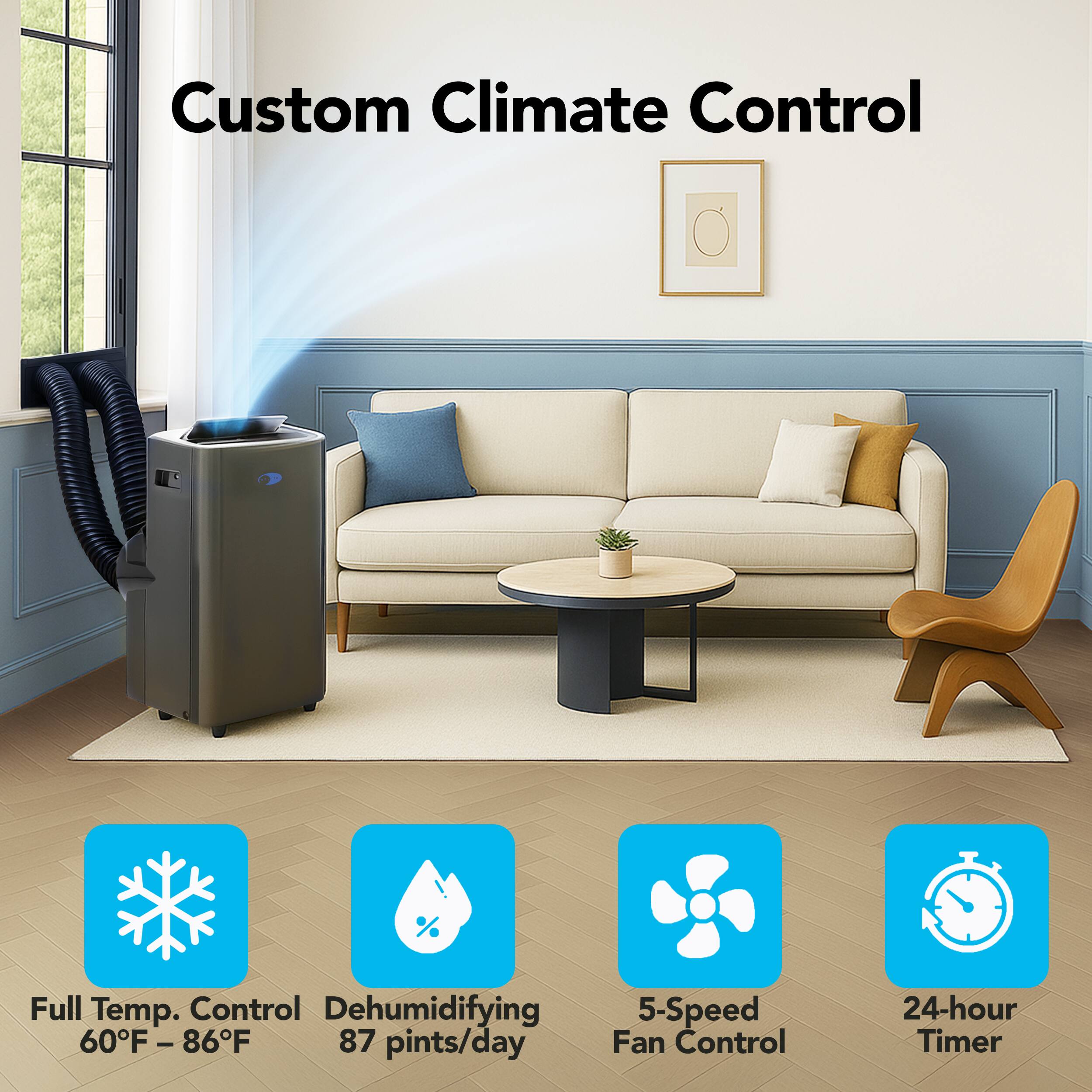 Custom Climate Control

- Full Temp. Control 60°F – 86°F
- Dehumidifying 87 pints/day
- 5-Speed Fan Control
- 24-hour Timer