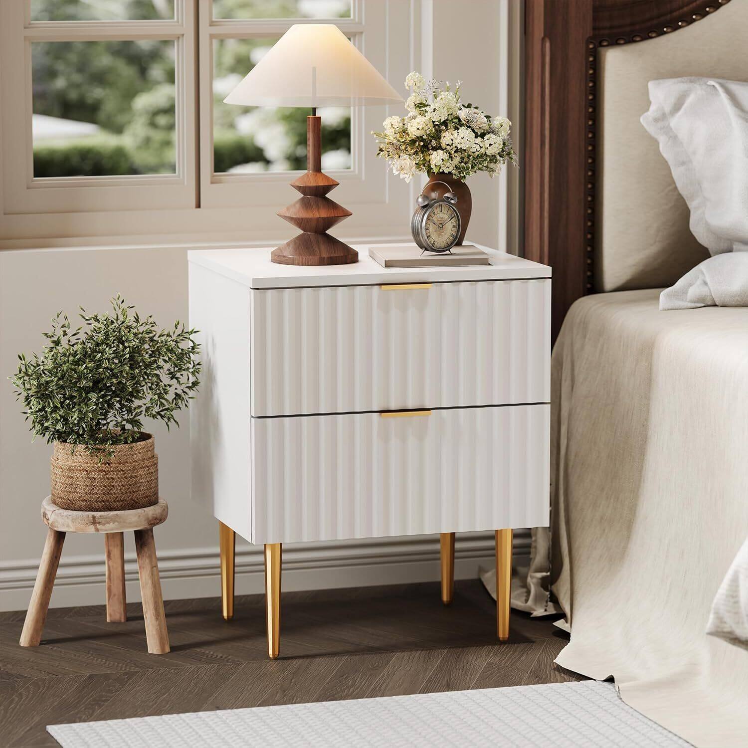 Front. GARVEE - Modern Nightstand with 2 Drawers, Golden and Wood Fluted Night Stand with Charging Station, White 1pcs - White.