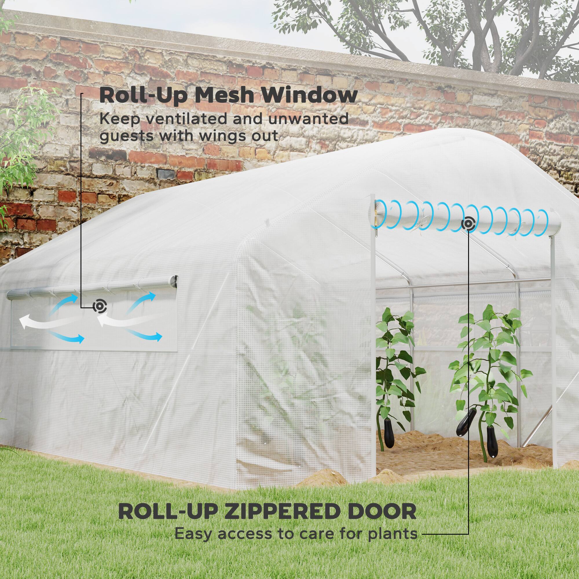 Roll-Up Mesh Window  
Keep ventilated and unwanted guests with wings out.

ROLL-UP ZIPPERED DOOR  
Easy access to care for plants.