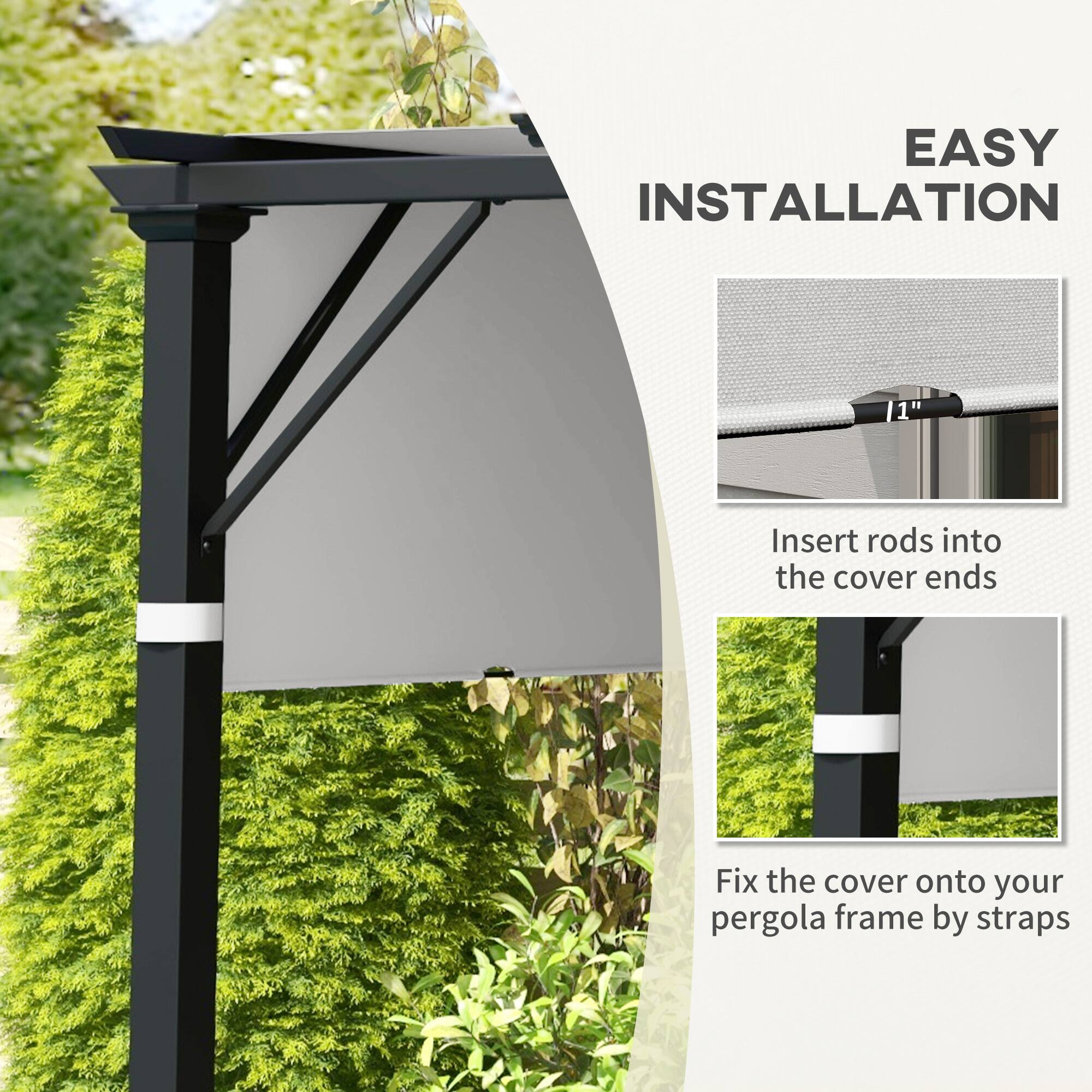 EASY INSTALLATION

11" Insert rods into the cover ends
Fix the cover onto your pergola frame by straps