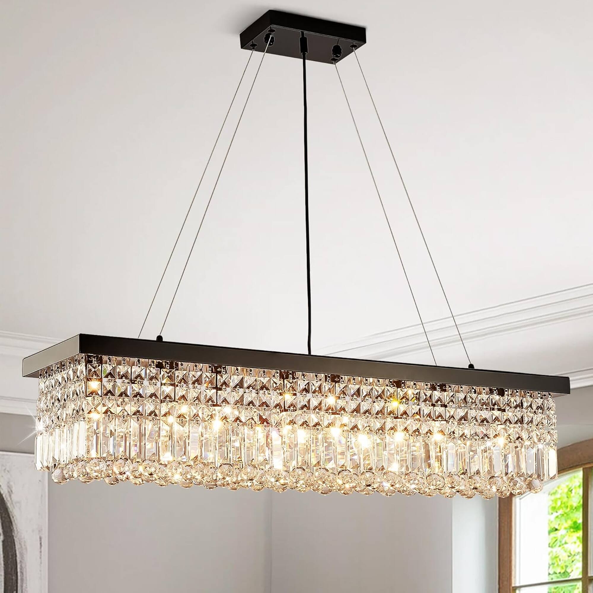Alt View 9. Siljoy - 47.2" 10-Light Black Linear Crystal Chandelier, Adjustable K9 Crystal Pendant Light for Kitchen Island Dining Room - Black.