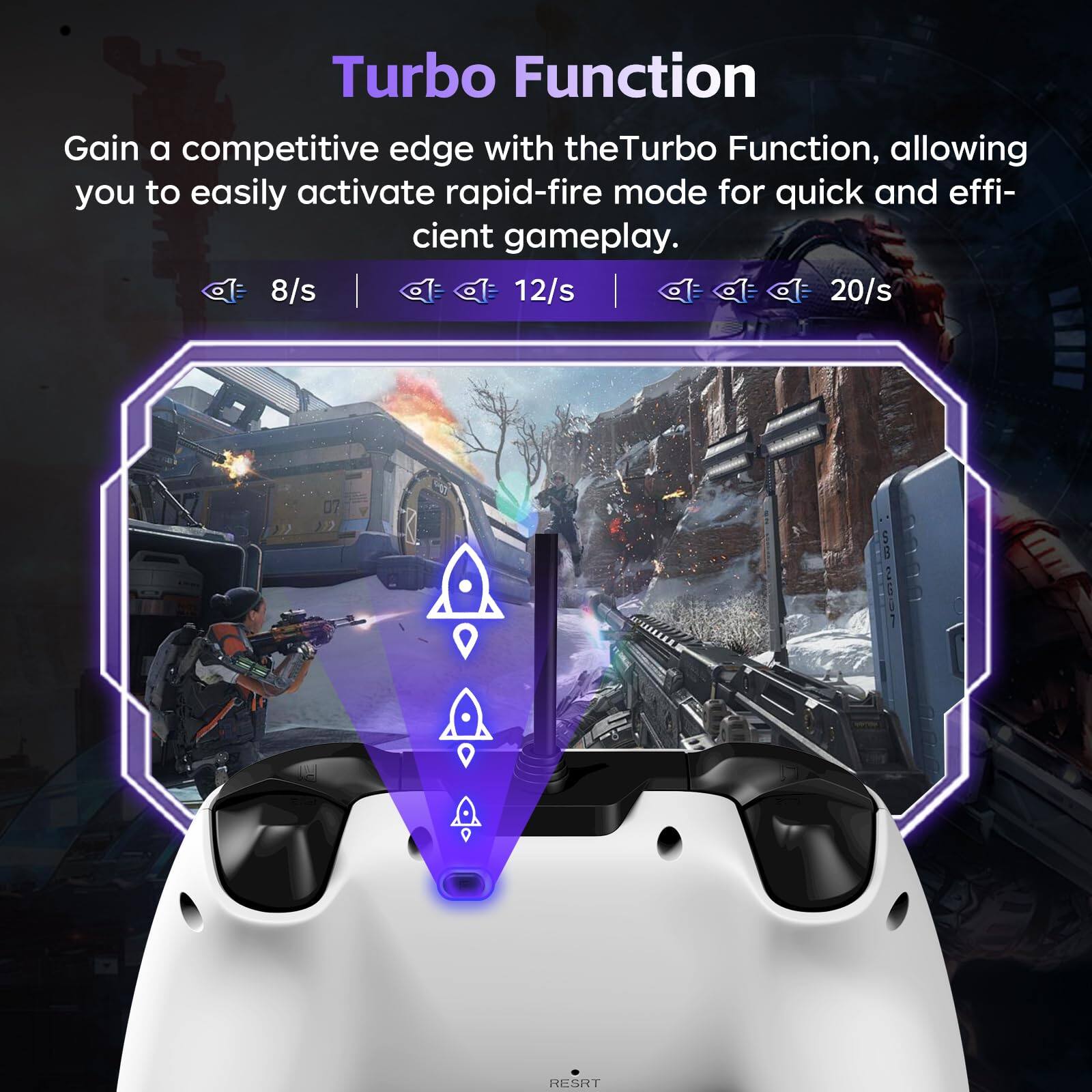 Turbo Function

Gain a competitive edge with the Turbo Function, allowing you to easily activate rapid-fire mode for quick and efficient gameplay.

8/s | 12/s | 20/s