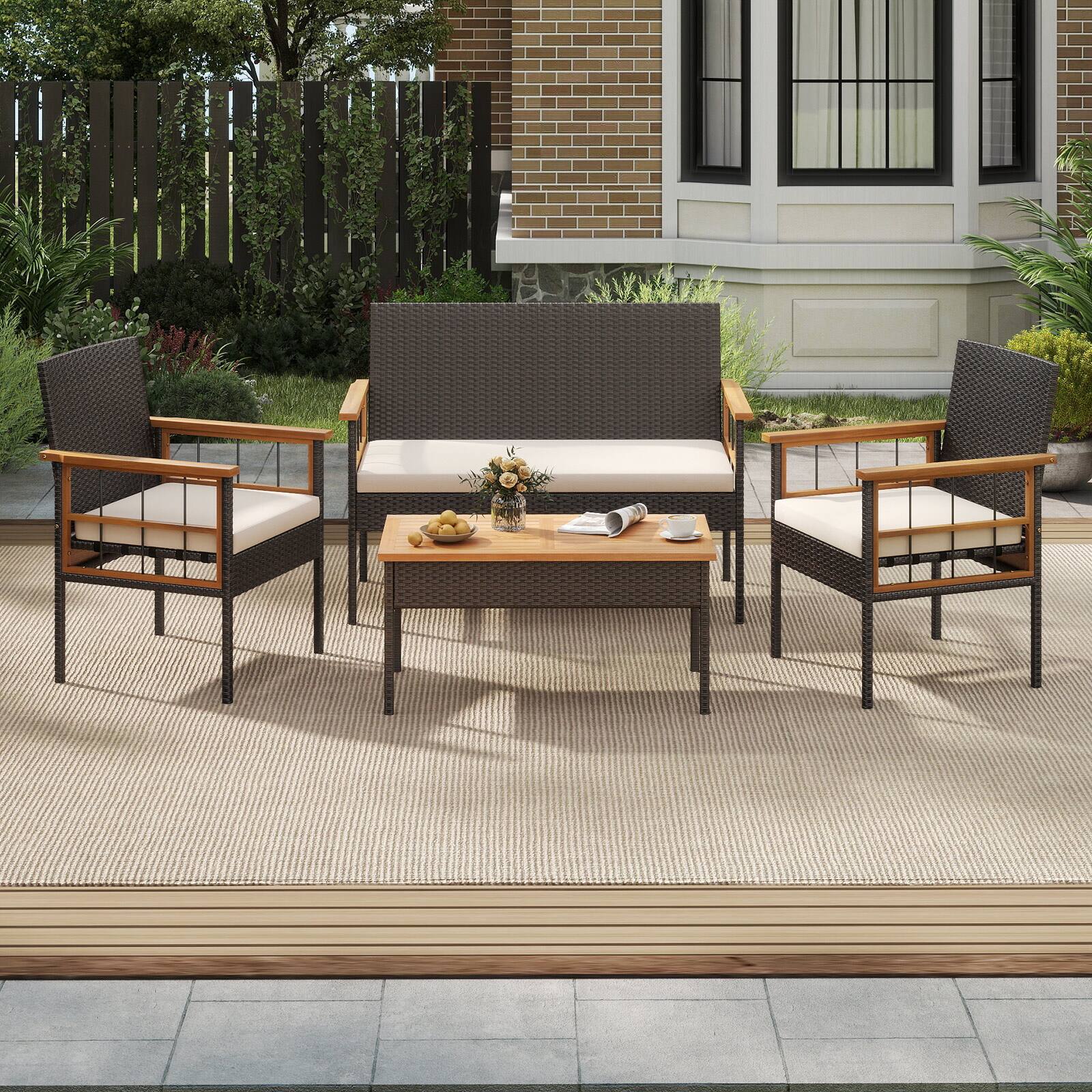 Alt View 3. Gymax - Gymax Set of 4 Wicker Furniture Set w/Acacia Wood Tabletop Armrests Cushions for Backyard White - Brown.