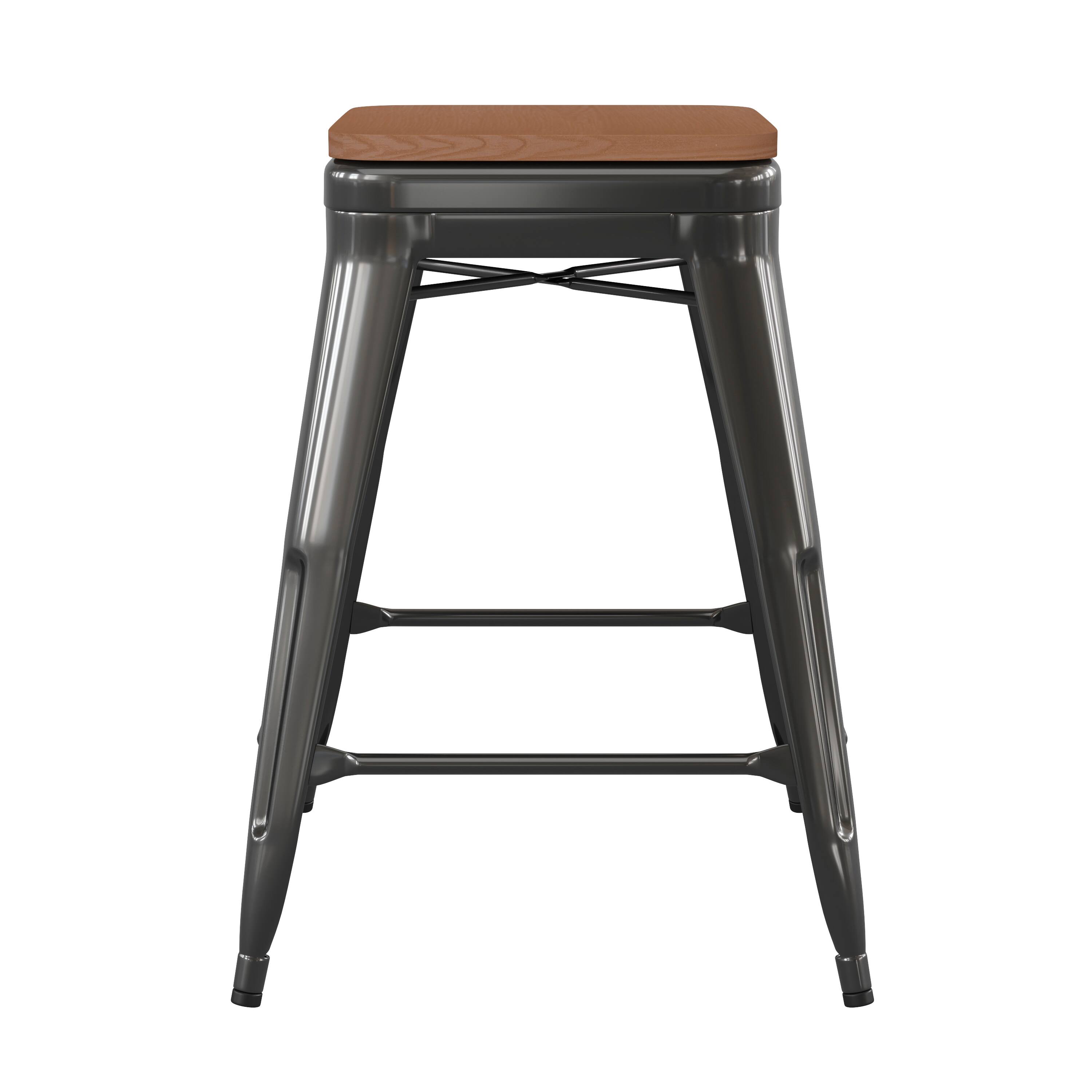 Alt View 10. Emma + Oliver - Kam Backless Metal Indoor-Outdoor Stool with All-Weather Polystyrene Seat - Teak Seat/Black Frame.