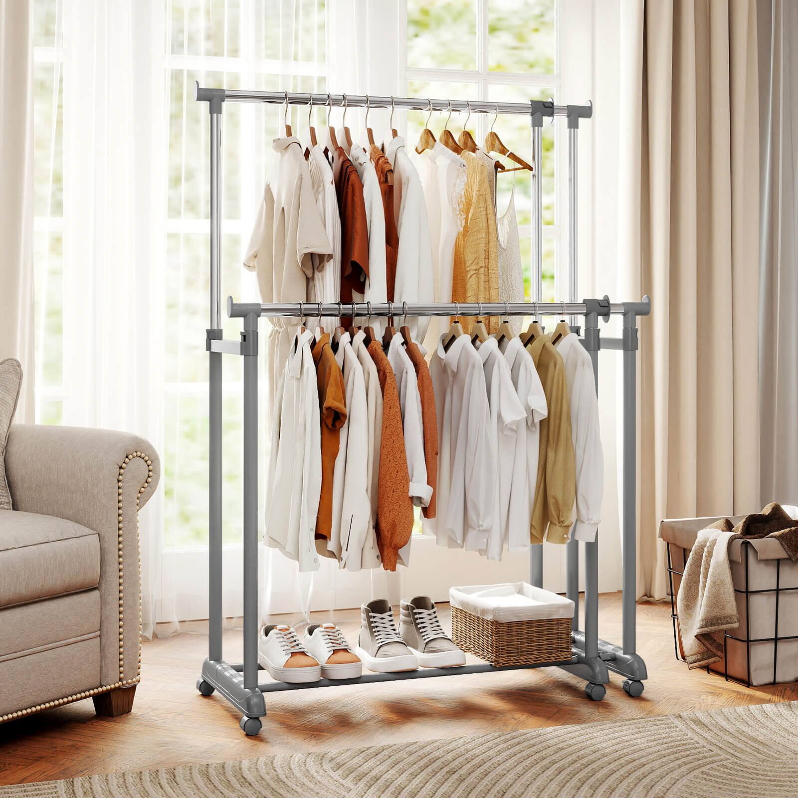 Alt View 3. Costway - Costway Double Rod Clothes Rack with Extendable Height & Width for Dressing Room, Laundry - Silver.