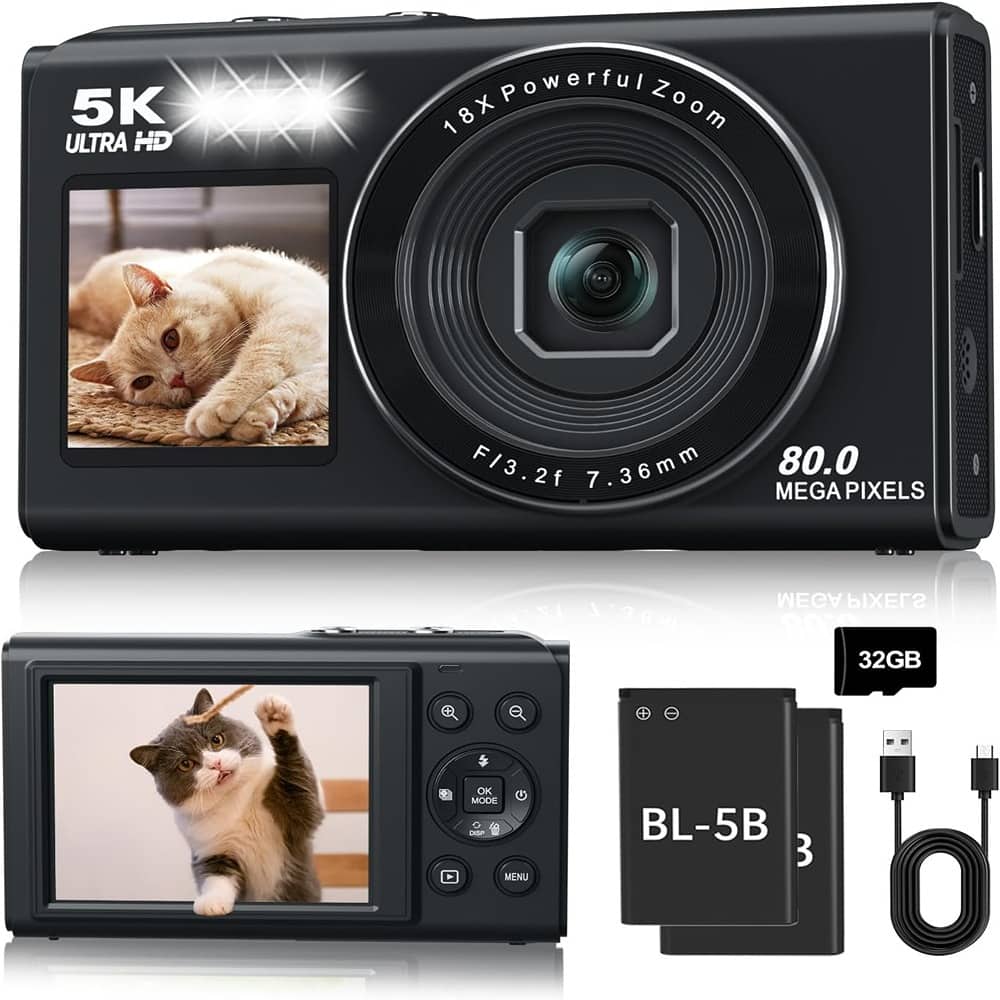 ACJPR - 5K Digital Camera, Dual Screens, 18X Zoom, Compact, 32GB Card, Black