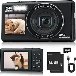 ACJPR - 5K Digital Camera, Dual Screens, 18X Zoom, Compact, 32GB Card, Black
