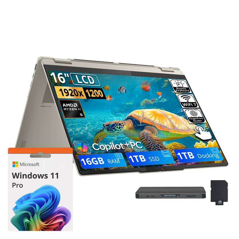 16" LCD 1920x1200 AMD RYZEN AI 5  
A Backlit Keyboard WiFi 7 C FingerPrint Reader  
Microsoft Windows 11 Pro  
Copilot+PC 16GB RAM 1TB SSD  
1TB Docking