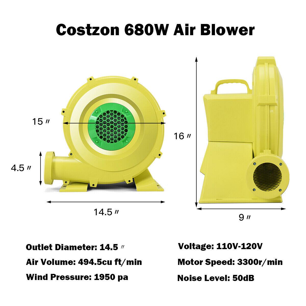 Costzon 680W Air Blower

Dimensions:
- 15"
- 16"
- 4.5"
- 14.5"
- 9"

Specifications:
- Outlet Diameter: 14.5"
- Air Volume: 494.5 cu ft/min
- Wind Pressure: 1950 pa
- Voltage: 110V-120V
- Motor Speed: 3300r/min
- Noise Level: 50dB