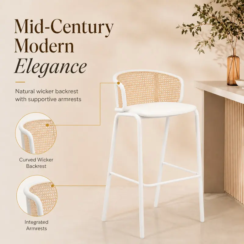 LeisureMod Ervilla Mid Century Modern Wicker Bar Stool, Fabric Seat ...