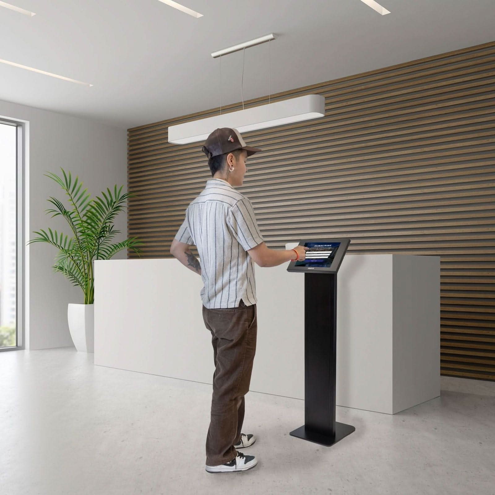 Angle. Mount-It! - Anti‑Theft Floor Standing Tablet Kiosk with Adjustable Viewing & Locking Enclosure Tablets, Black - Black.