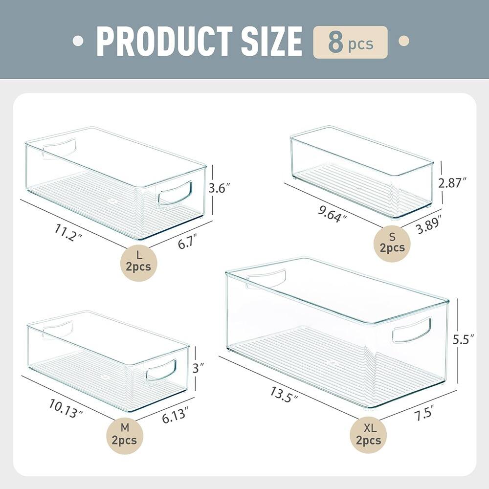 PRODUCT SIZE  
8 pcs  

L  
2pcs  
11.2" L  
6.7" W  
3.6" H  

M  
2pcs  
10.13" L  
6.13" W  
3" H  

S  
2pcs  
9.64" L  
3.89" W  
2.87" H  

XL  
2pcs  
13.5" L  
7.5" W  
5.5" H