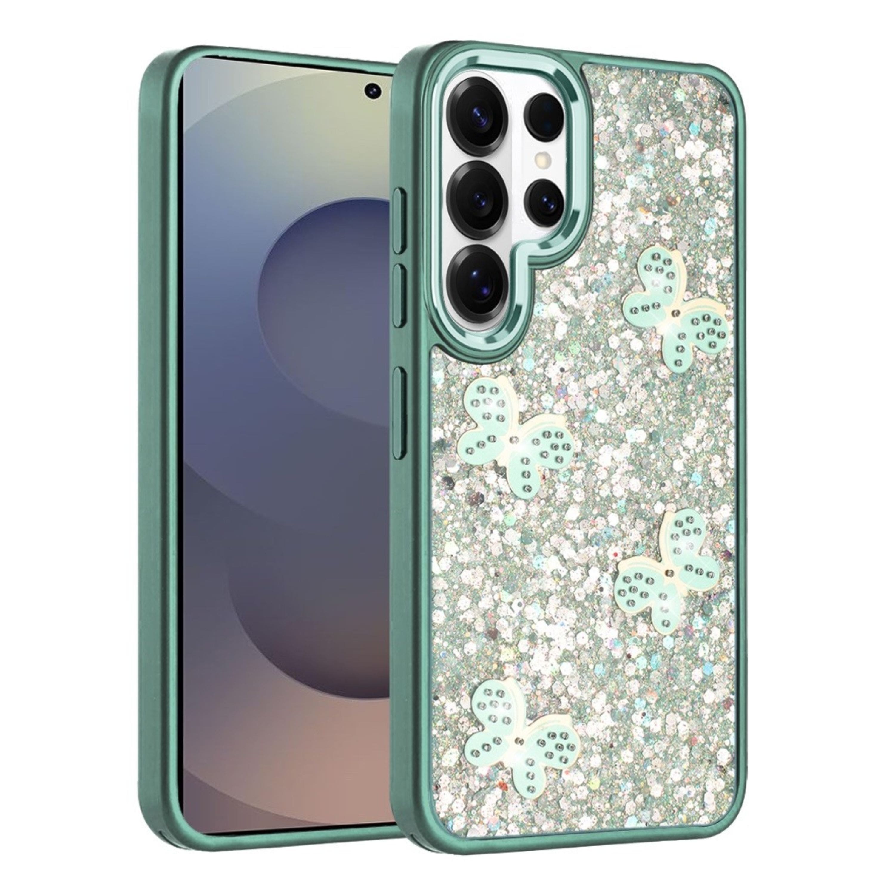 Kitcheniva - Full Glitter Flakes & Butterflies Design Phone Case With Tempered Glass For Samsung S26 Ultra - Teal price history on PriceWatchPro