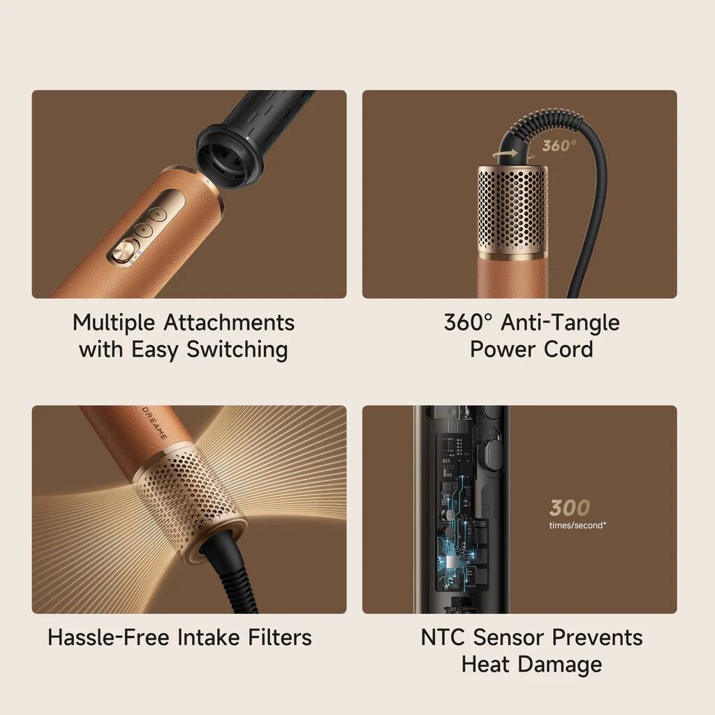 Multiple Attachments with Easy Switching  
360° Anti-Tangle Power Cord  
Hassle-Free Intake Filters  
NTC Sensor Prevents Heat Damage  
300 times/second*