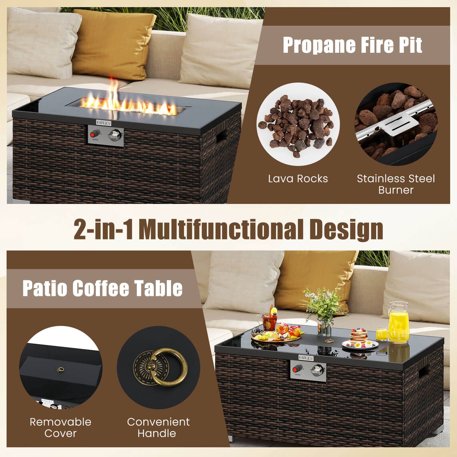 Propane Fire Pit  
Lava Rocks  
Stainless Steel Burner  

2-in-1 Multifunctional Design  

Patio Coffee Table  
Removable Cover  
Convenient Handle