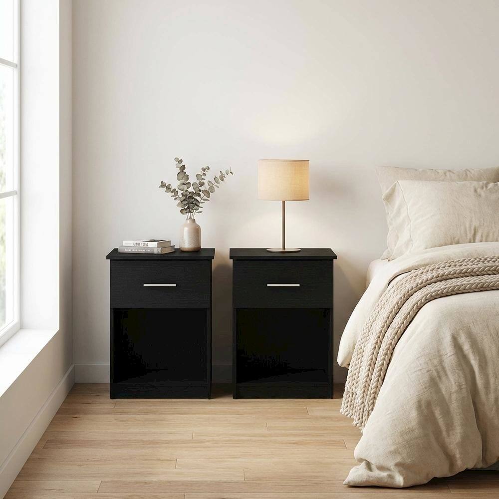Left. FurniFact - Americano Nightstand Set, Single Drawer, Handle, Modern Bedroom Storage Solution - Americano.