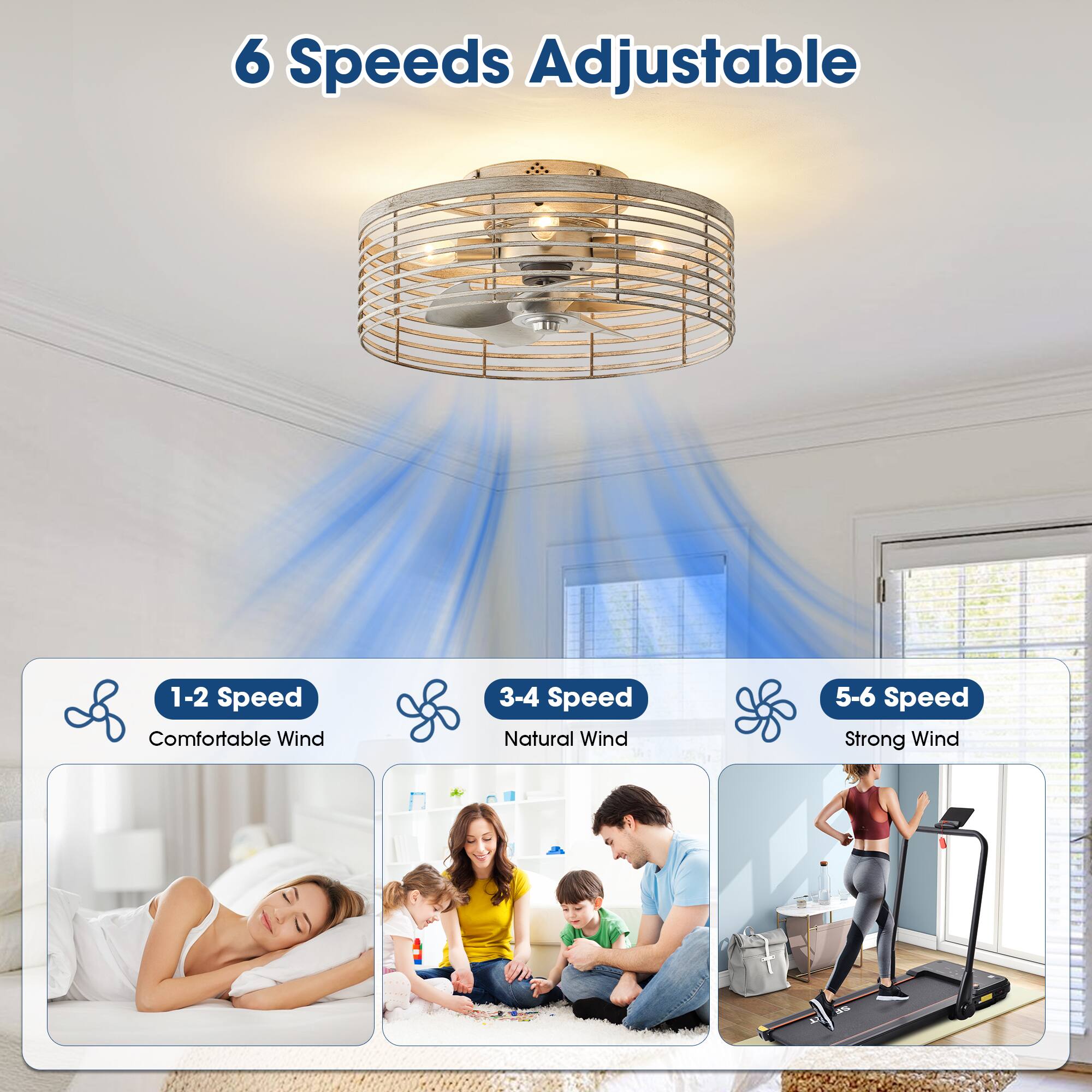 6 Speeds Adjustable

1-2 Speed: Comfortable Wind  
3-4 Speed: Natural Wind  
5-6 Speed: Strong Wind