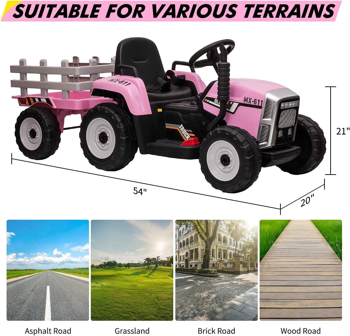 SUITABLE FOR VARIOUS TERRAINS

MX-611 TRUCK

21" 54" 20"

Asphalt Road
Grassland
Brick Road
Wood Road