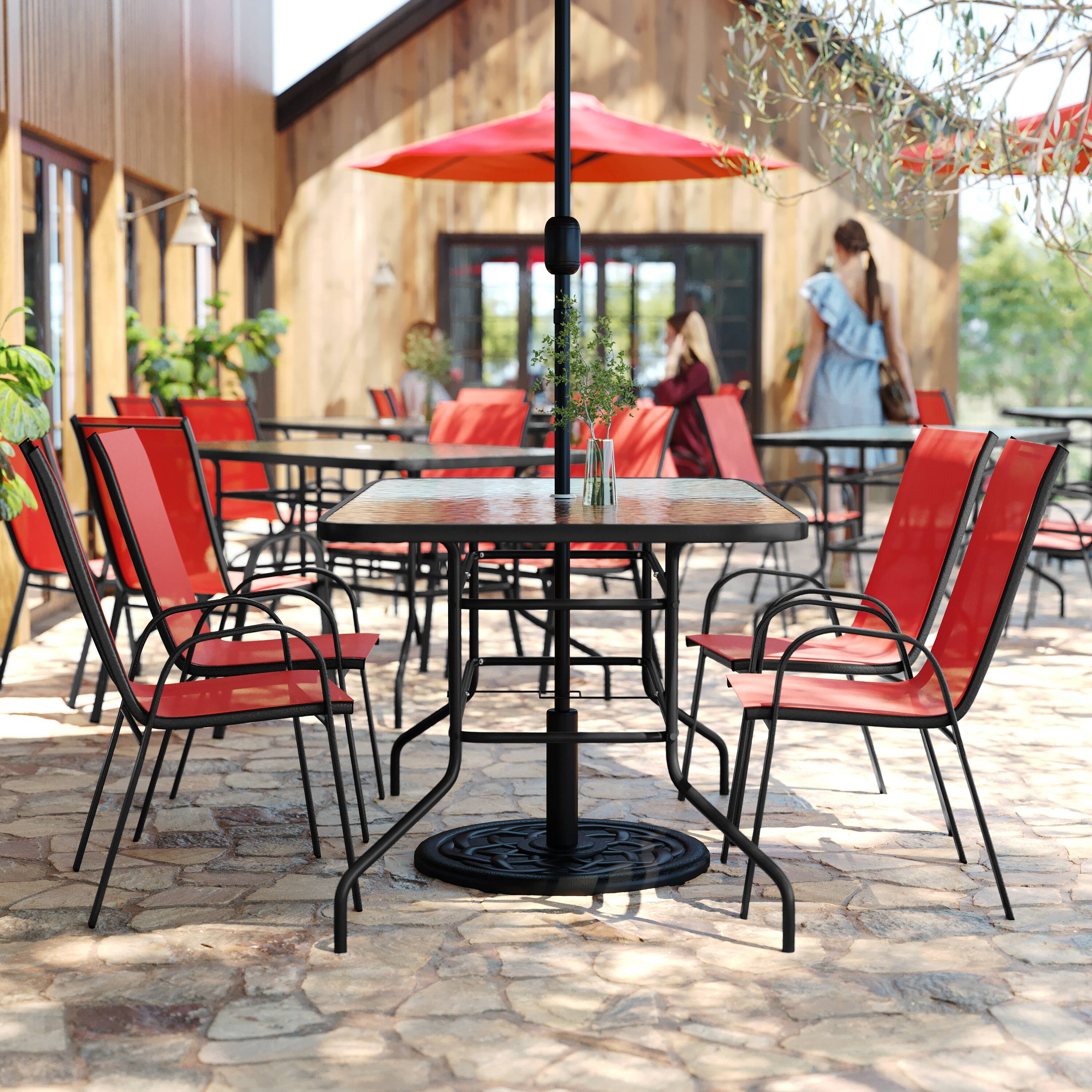 Alt View 2. Flash Furniture - Brazos 5 Piece Outdoor Patio Dining Set - 55" Tempered Glass Patio Table with Umbrella Hole, 4 Red Flex Comfort Stack Ch - Red.