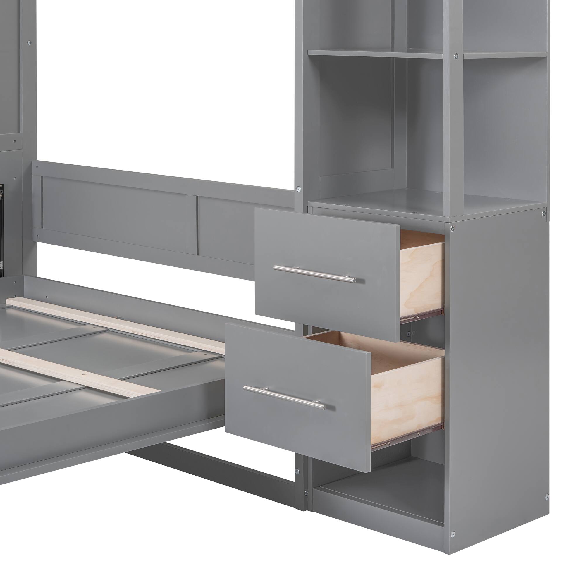 Alt View 7. Tiramisubest - Queen Size Murphy Wall Bed w/ Shelves, Drawers, LED Lights, Gray, 88x104x88 inches, 286 lbs - Gray.