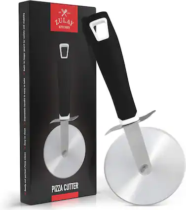 Stability and safety for guard finger, Built-in X hold to Asea in handle, Ergonomic X clean to Easy X slices, Perfect cut, Easily, EST 2015, ZULAY KITCHEN PIZZA CUTTER STEEL STAINLESS.