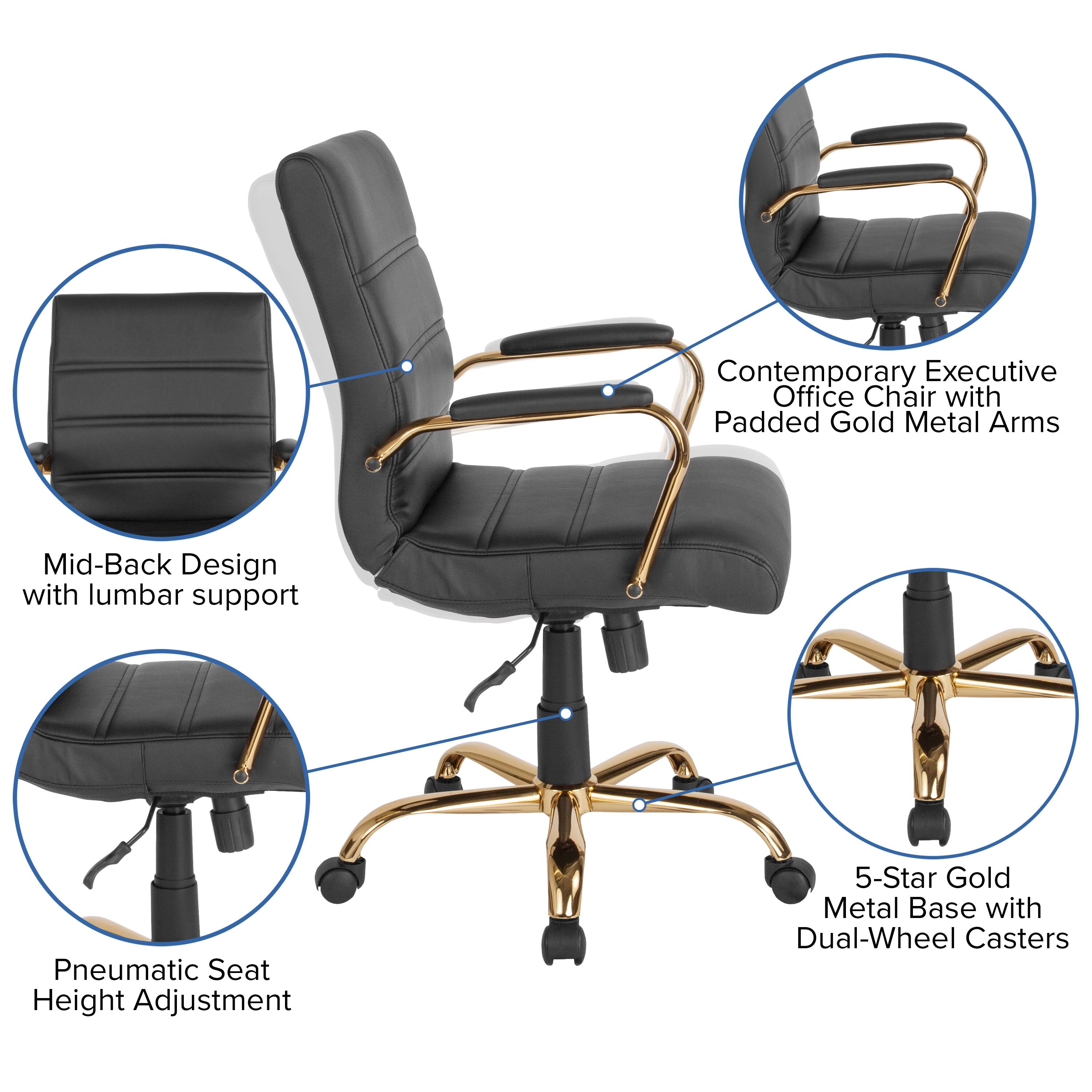 Contemporary Executive Office Chair with Padded Gold Metal Arms  
Mid-Back Design with lumbar support  
Pneumatic Seat Height Adjustment  
5-Star Gold Metal Base with Dual-Wheel Casters