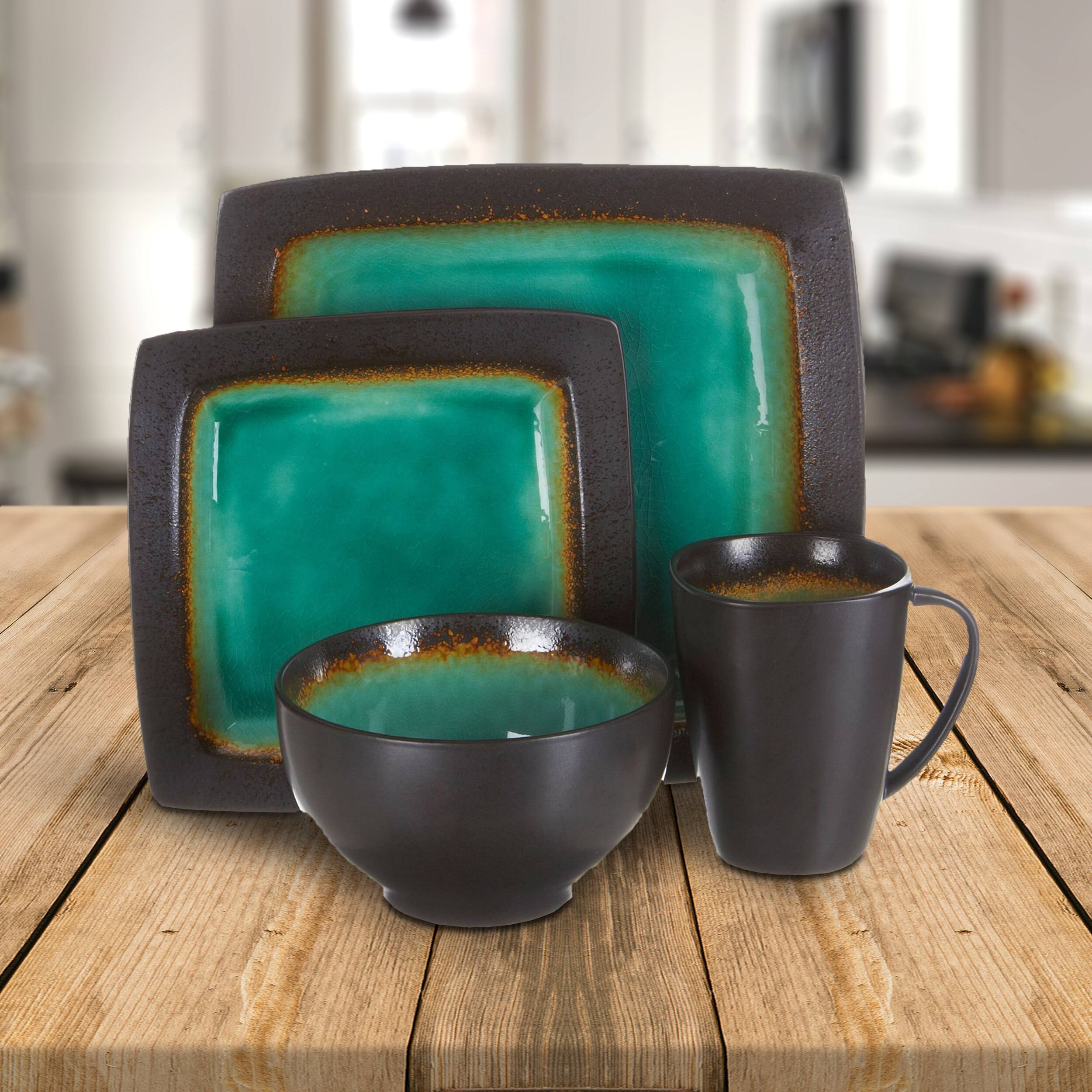 Alt View 4. Gibson - Gibson Ocean Paradise 16 Piece Square Stoneware Dinnerware Set in Jade - Green.