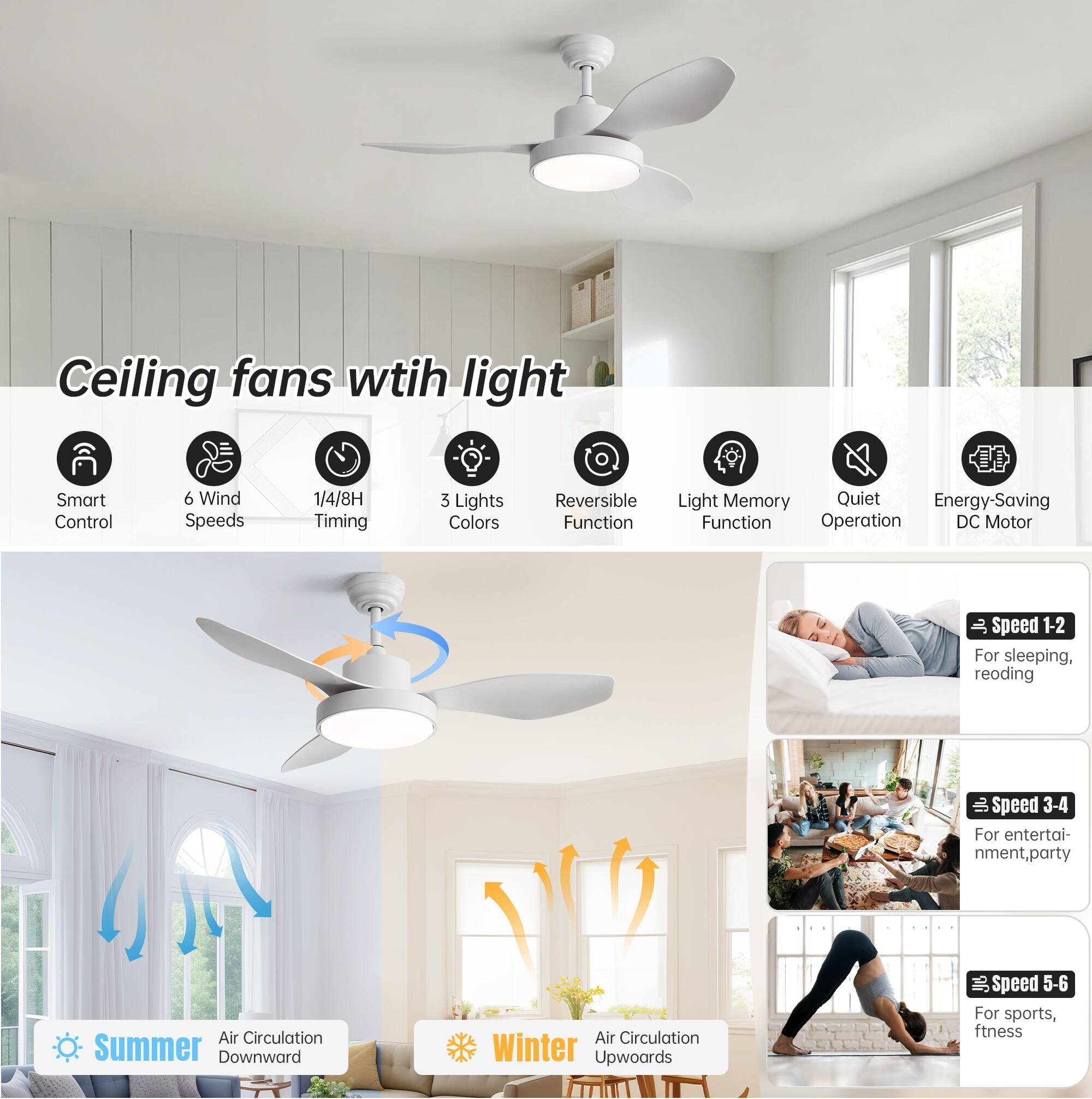 Ceiling fans with light

- Smart Control
- 6 Wind Speeds
- 1/4/8H Timing
- 3 Lights Colors
- Reversible Function
- Light Memory Function
- Quiet Operation
- Energy-Saving DC Motor

Speed 1-2  
For sleeping, reading

Speed 3-4  
For entertainment, party

Speed 5-6  
For sports, fitness

Summer  
Air Circulation Downward

Winter  
Air Circulation Upwards
