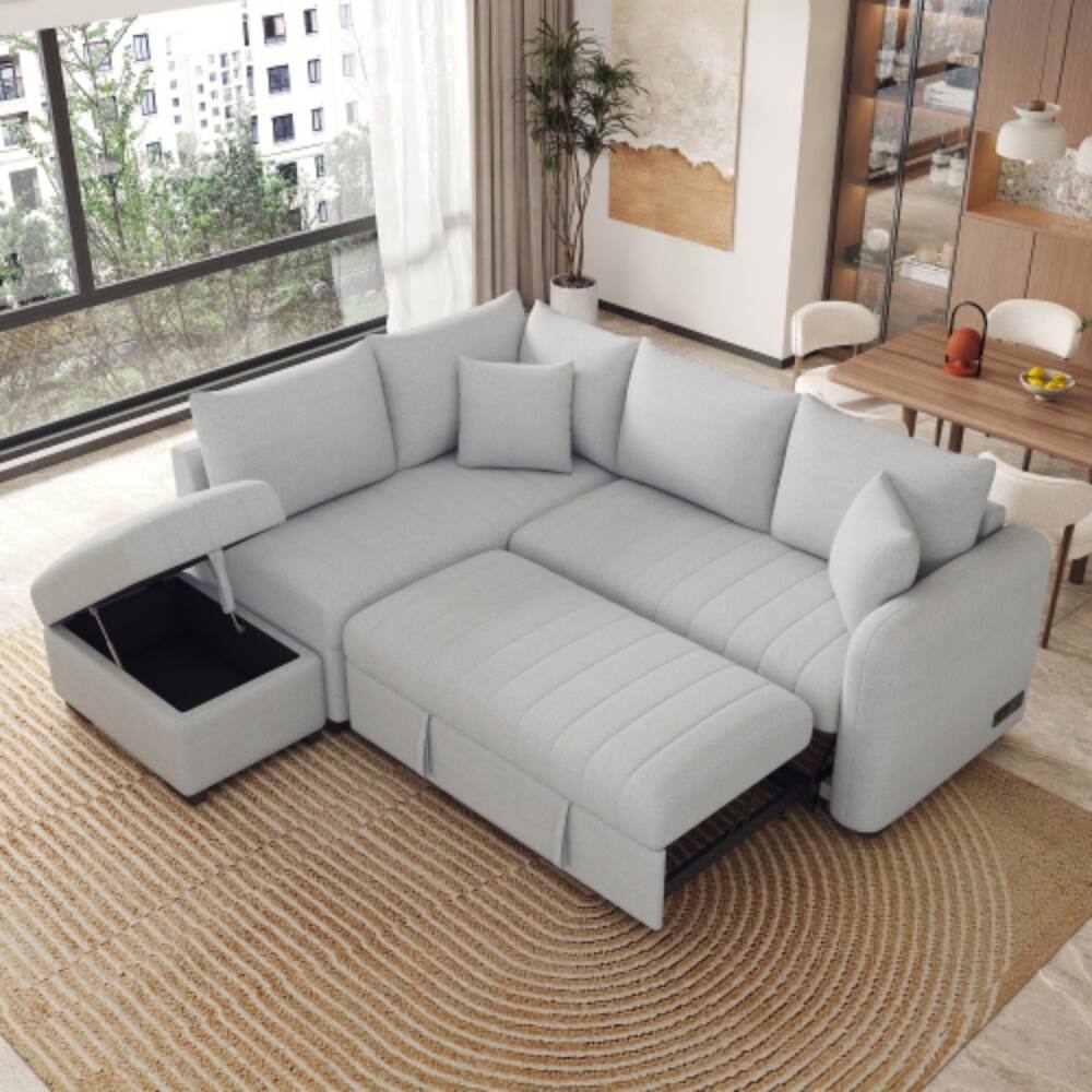 Angle. LUCKY ONE - 82.6" L-Shaped Pull-Out Sleeper Sectional Sofa Bed w/ USB Power Sockets Storage Ottoman - Gray.